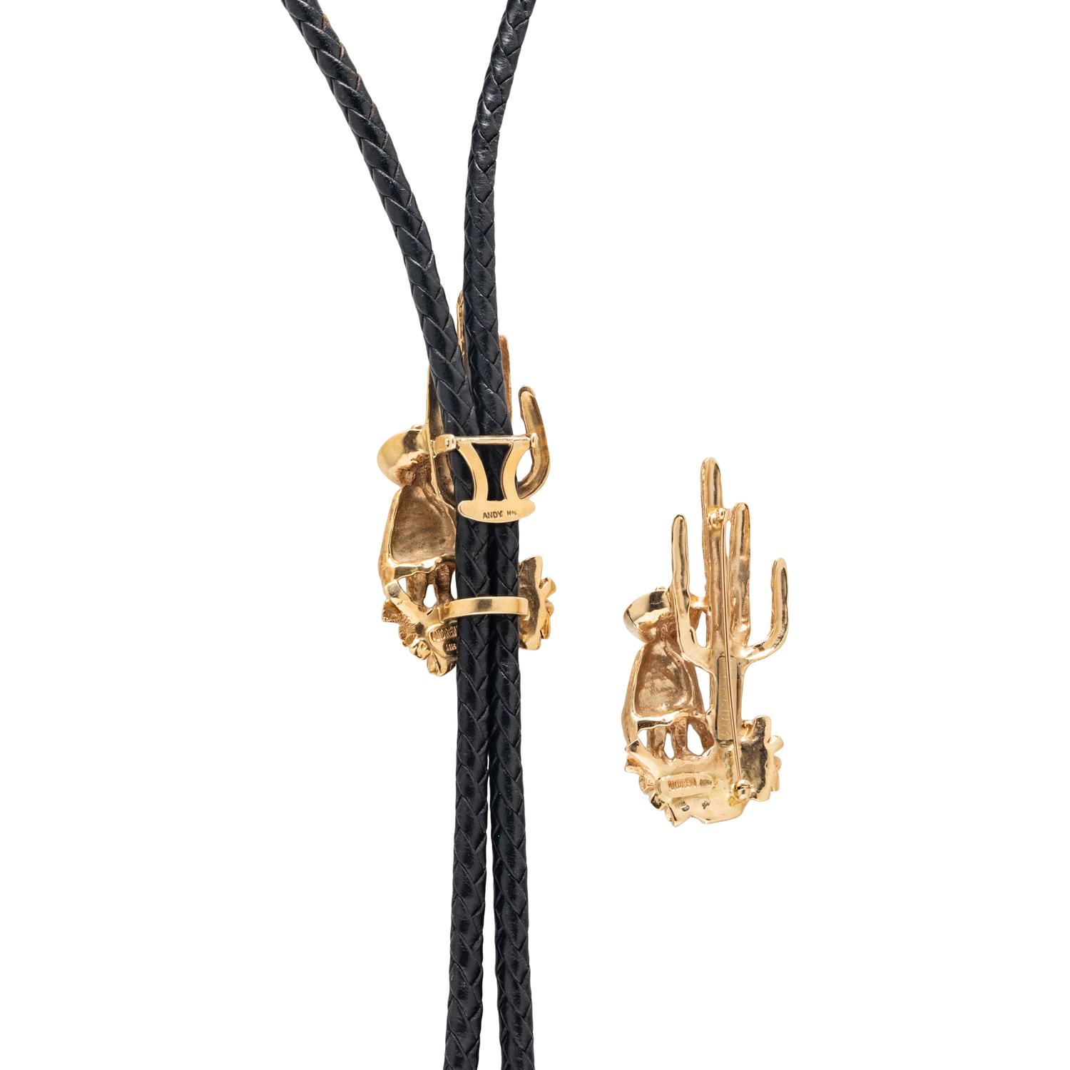 ANDREW, YELLOW GOLD CACTUS BOLO TIE SLIDE AND BROOCH