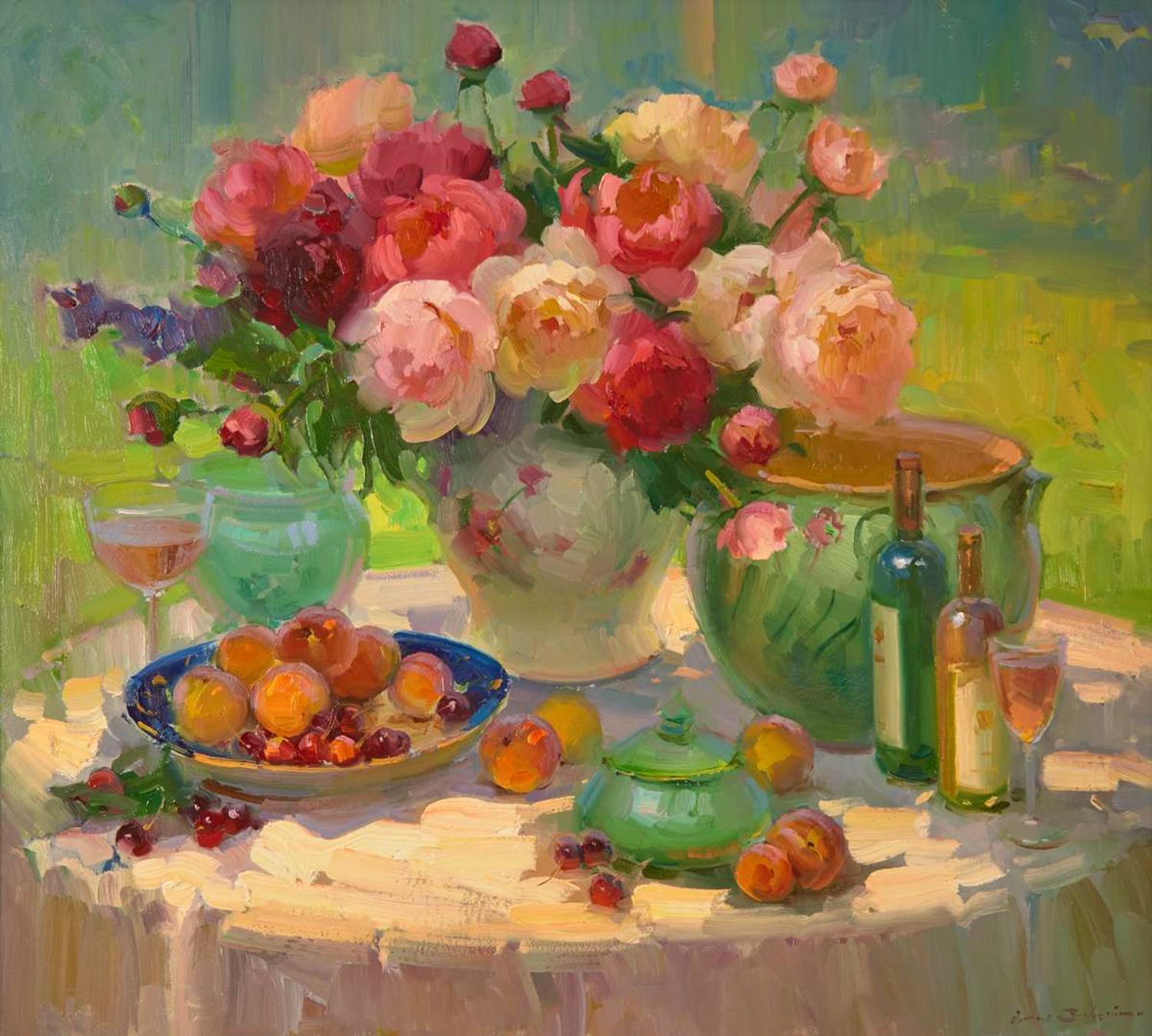 Ovanes Berberian (Russian, B. 1951) - Outdoor Still Life With Roses And Peonies