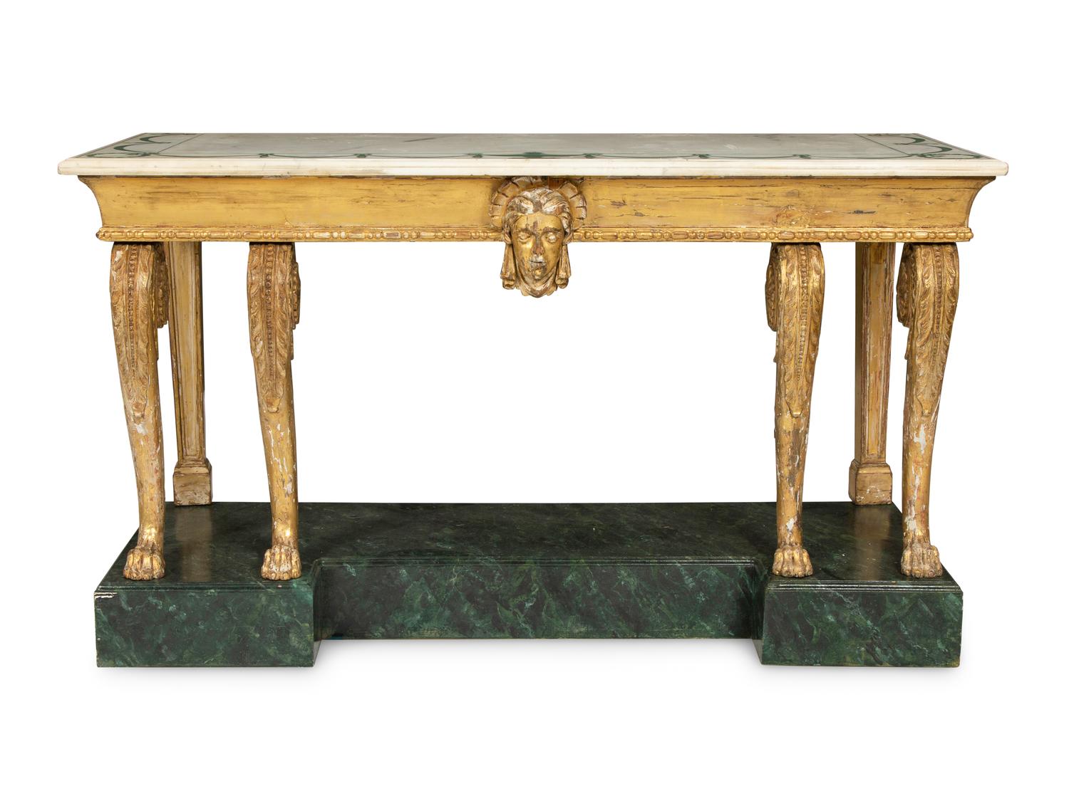 A Palladian Revival Giltwood, Inlaid Marble and Faux Marble-Painted Console Table