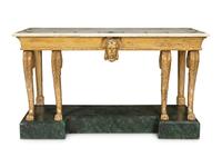 A Palladian Revival Giltwood, Inlaid Marble and Faux Marble-Painted Console Table