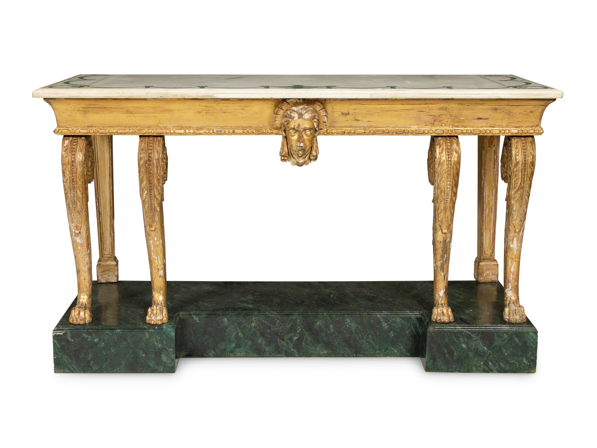 A Palladian Revival Giltwood, Inlaid Marble and Faux Marble-Painted Console Table