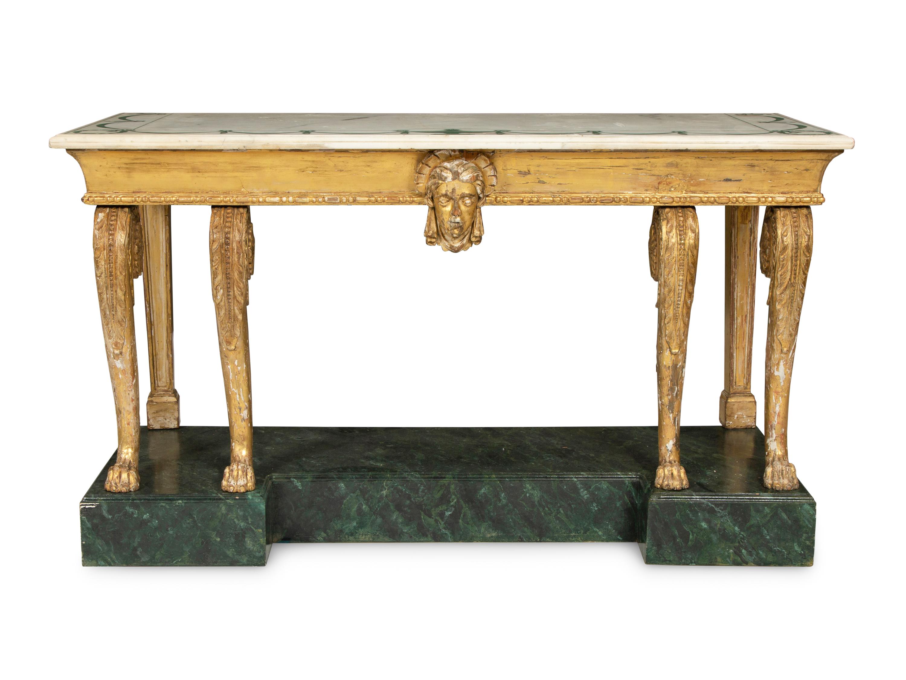 A Palladian Revival Giltwood, Inlaid Marble and Faux Marble-Painted Console Table