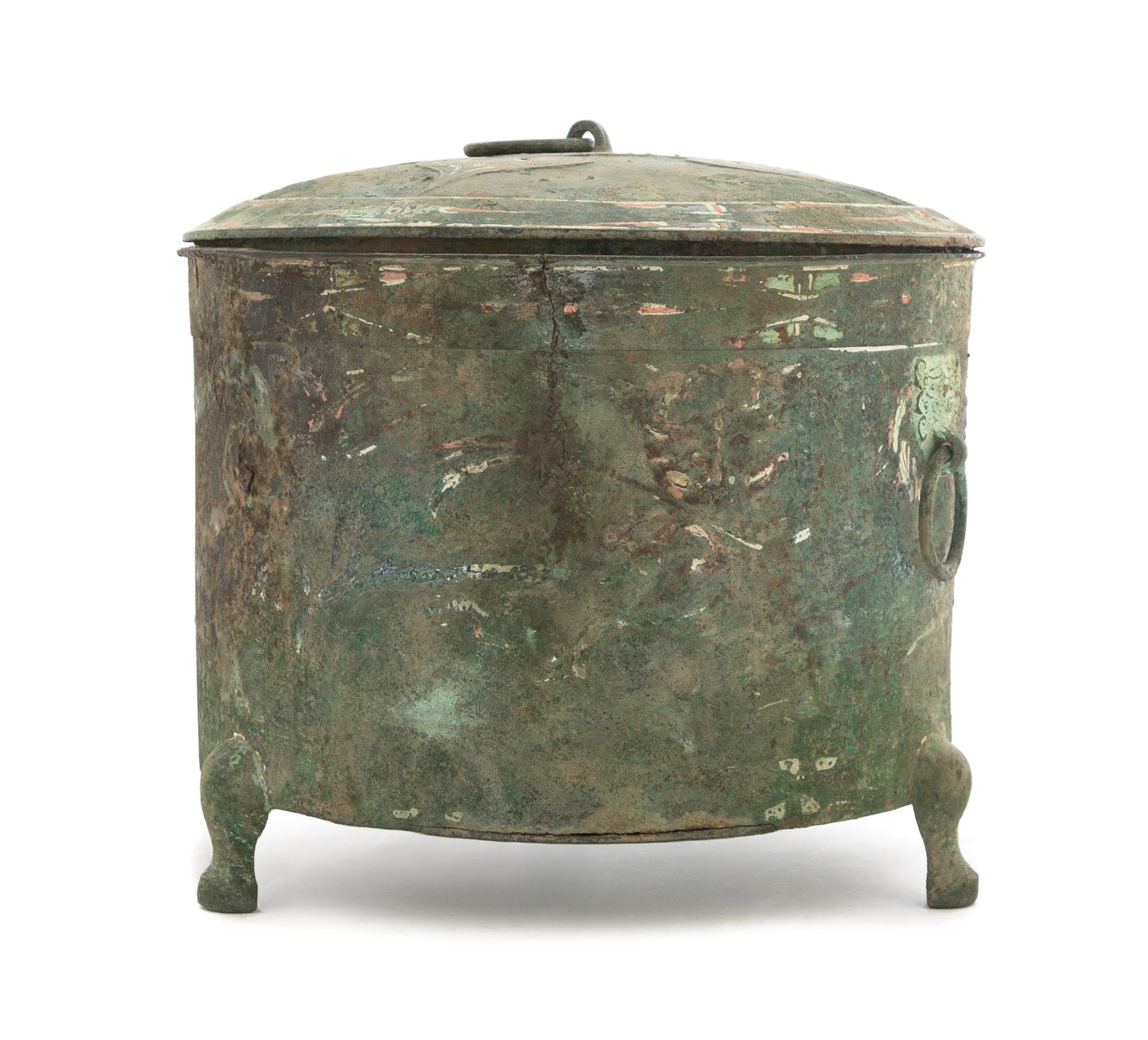 A Chinese Painted Bronze Tripod Vessel, Lian Height 8 1/2 inches. — HAN DYNASTY (206 B.C. - A.D. 220)