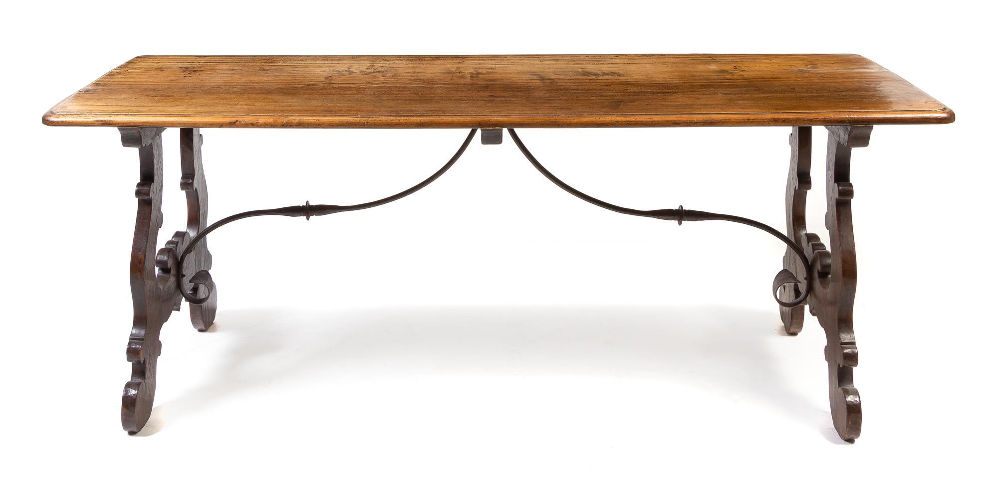 A Spanish Baroque Style Iron Mounted Trestle Table Height 31 3/8 x width 80 x depth 27 inches. — 20TH CENTURY WITH EARLIER ELEMENTS