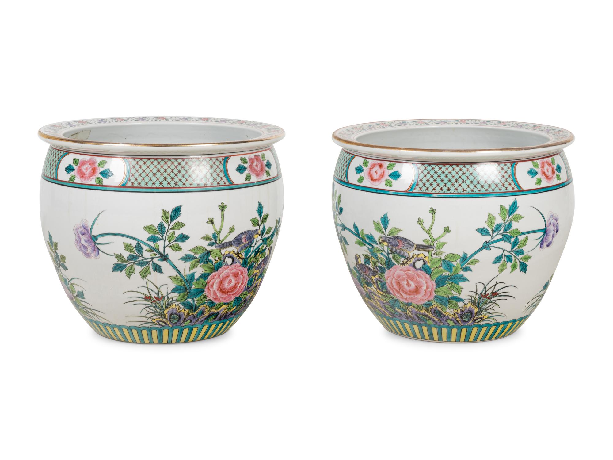 A Pair of Chinese Export Enameled Porcelain Jardinières