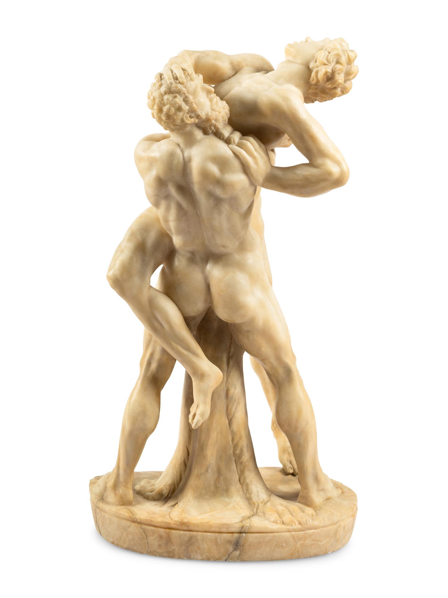 A Continental Carved Alabaster Figural Group Depicting Hercules and Antaeus