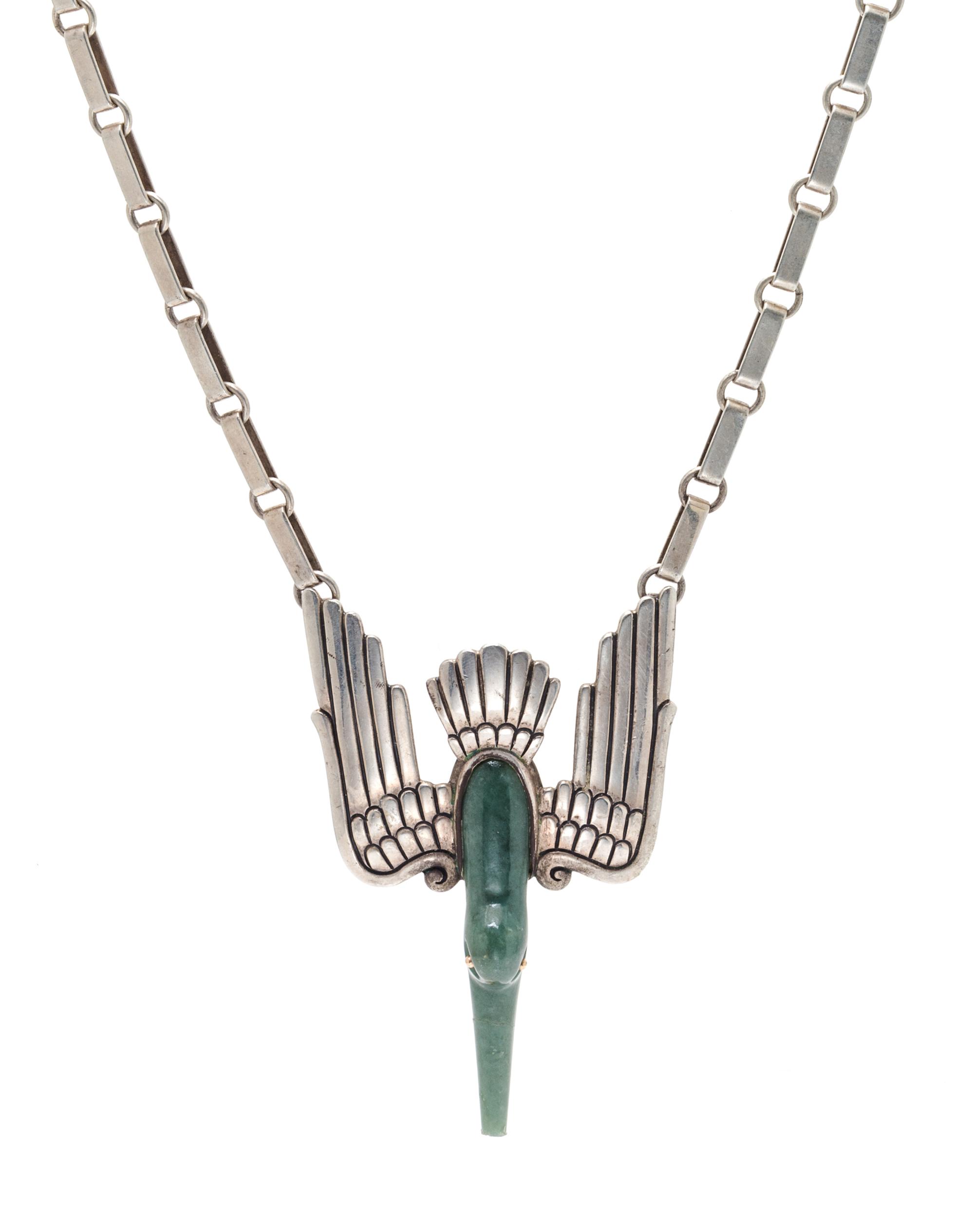 A Silver, 14 Karat Yellow Gold and Green Hardstone Bird Motif Necklace, Ezequiel Tapia, 53.90 dwts.