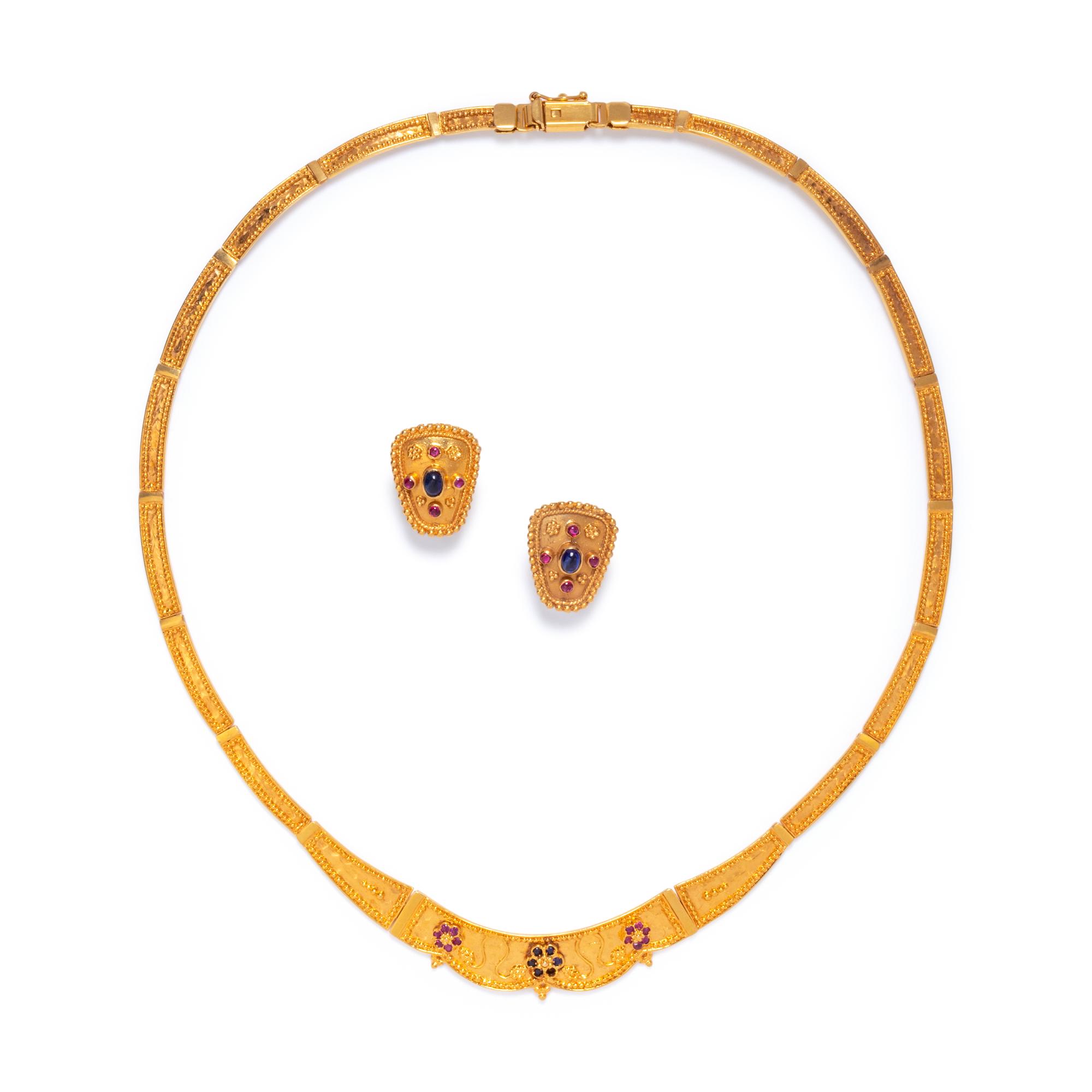 COLLECTION OF YELLOW GOLD, RUBY AND SAPPHIRE JEWELRY