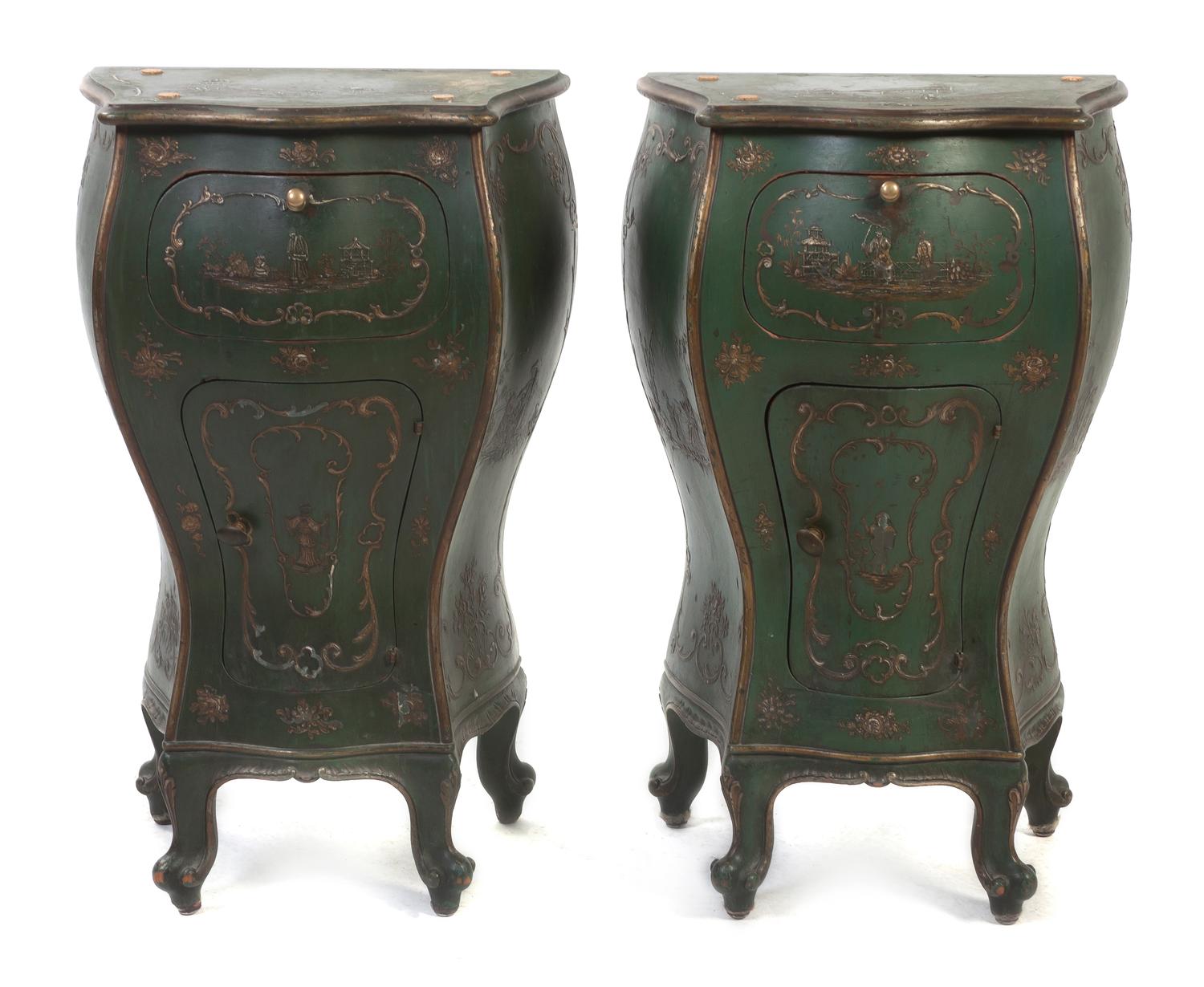 A Pair of Venetian Painted Bombe Commodes, Height 29 x width 15 1/2 x depth 13 inches.