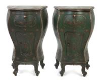 A Pair of Venetian Painted Bombe Commodes, Height 29 x width 15 1/2 x depth 13 inches.