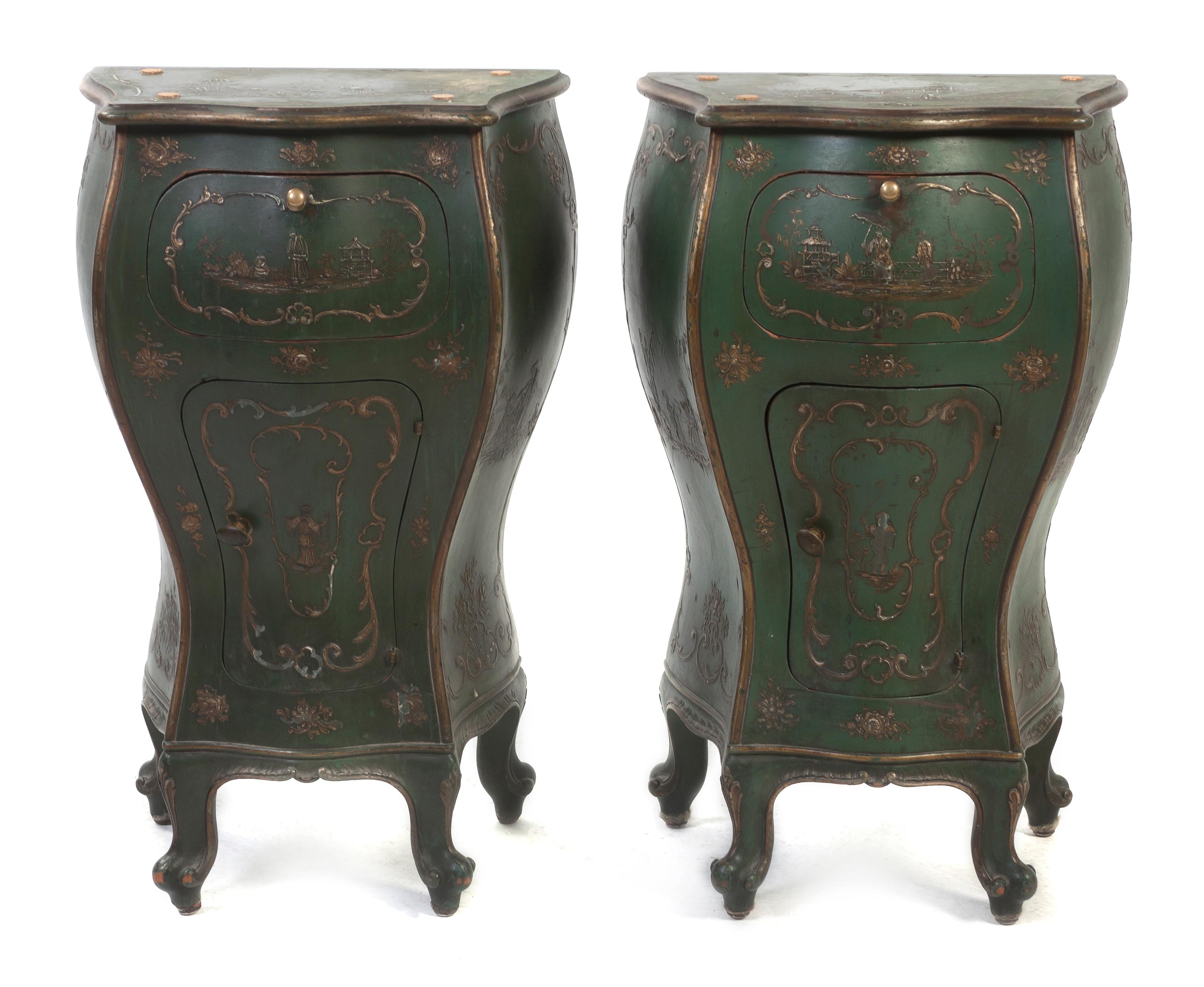 A Pair of Venetian Painted Bombe Commodes, Height 29 x width 15 1/2 x depth 13 inches.