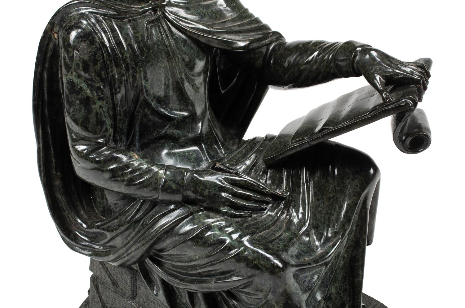 A French Carved Green Marble Figure of a Scholar