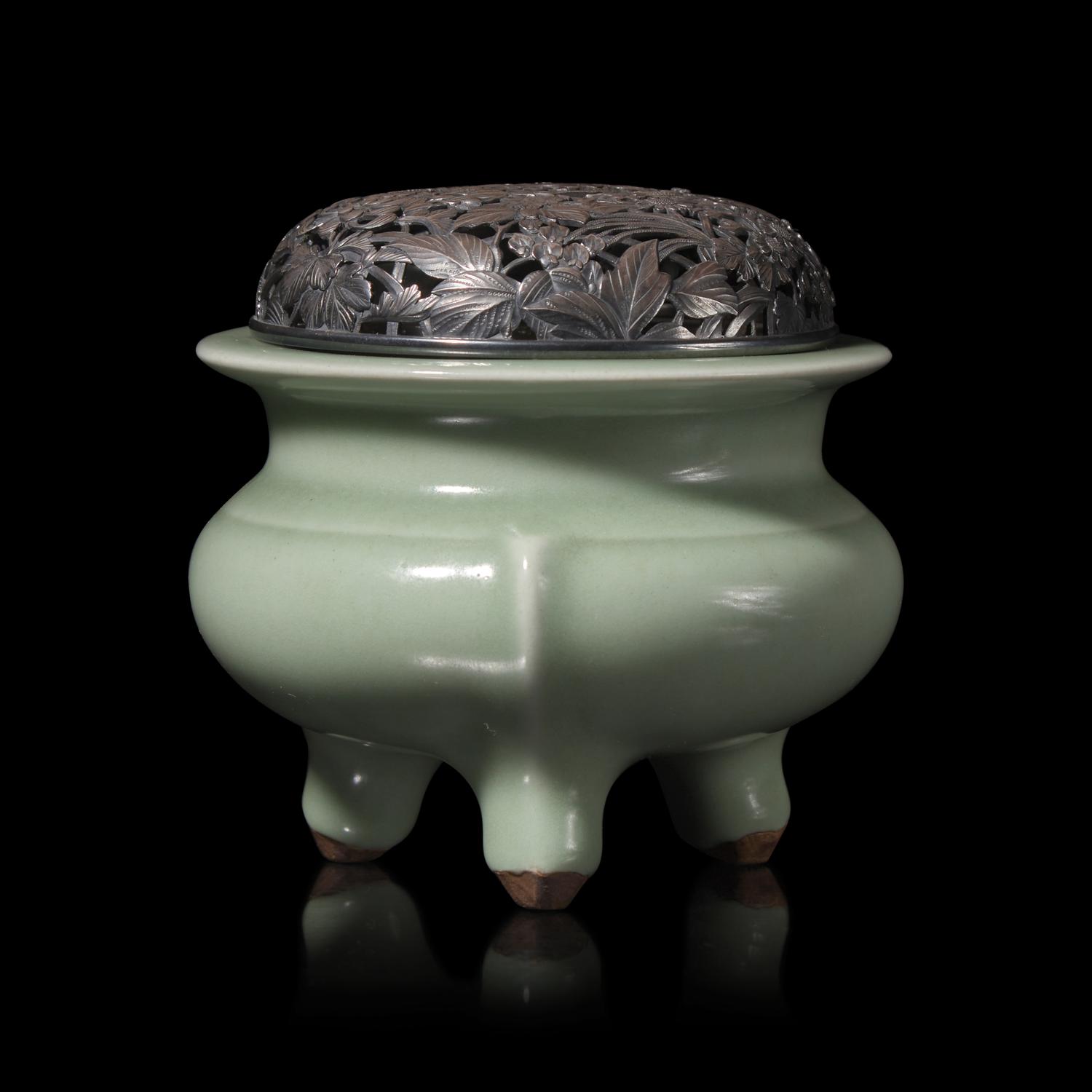 A Japanese Celadon Tripod Censer with Pierced Silver Cover, Meiji/Taisho Period