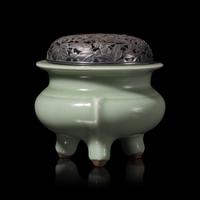 A Japanese Celadon Tripod Censer with Pierced Silver Cover, Meiji/Taisho Period