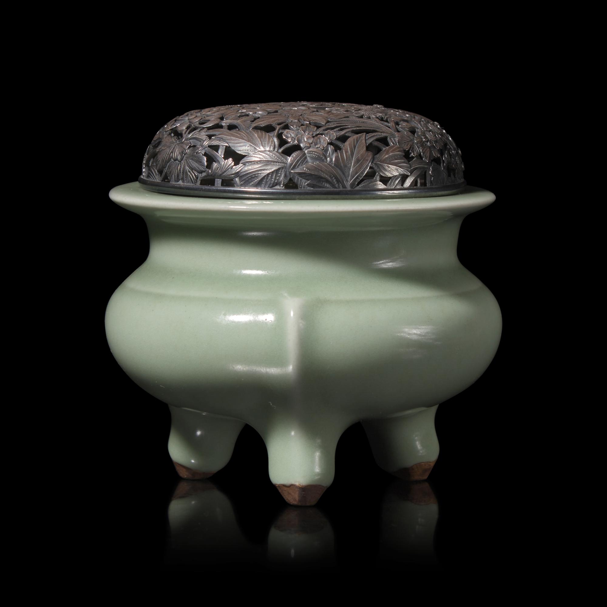 A Japanese Celadon Tripod Censer with Pierced Silver Cover, Meiji/Taisho Period