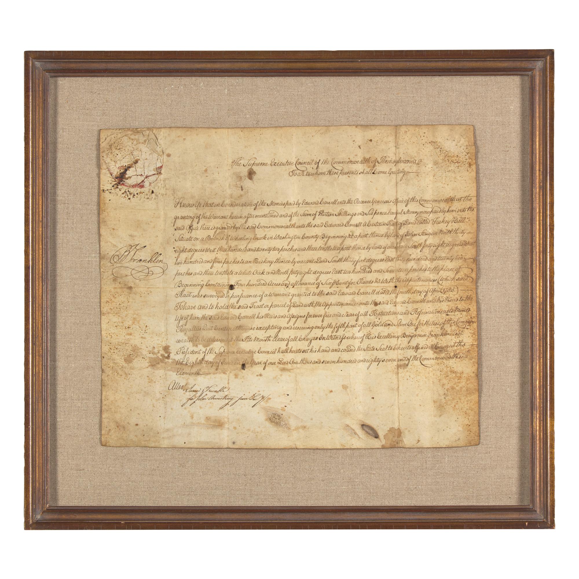 [Franklin, Benjamin] Franklin, Benjamin. Manuscript Document, signed