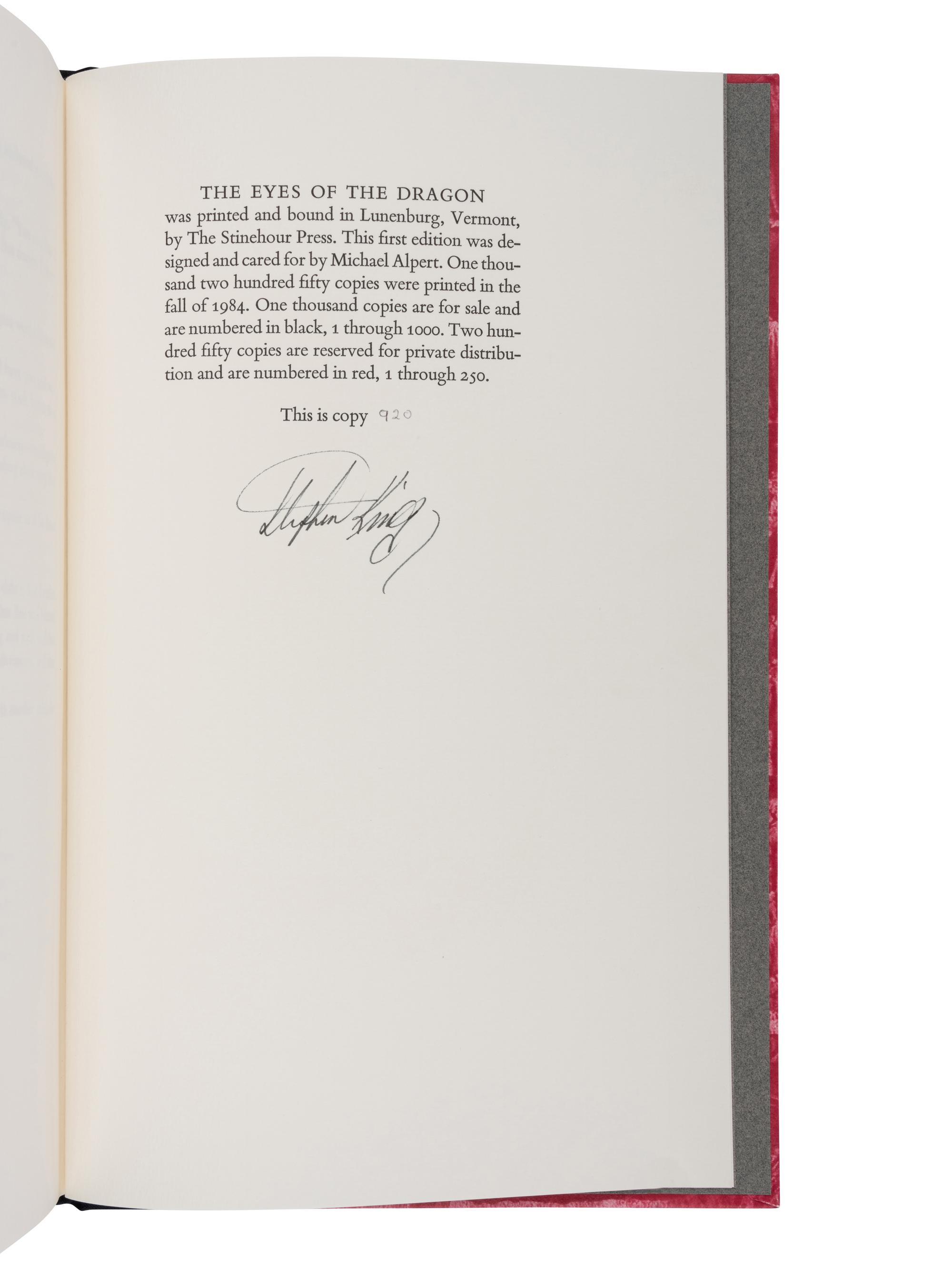 KING, Stephen (b. 1947). The Eyes of the Dragon . Bangor, ME [and Lunenburg, VT: Stinehour Press for] Philtrum Press, 1984.
