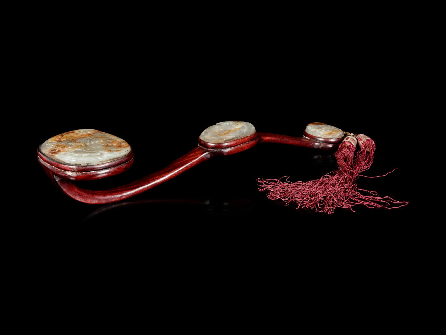 A Chinese Russet and Celadon Jade Inset Hardwood Ruyi Scepter