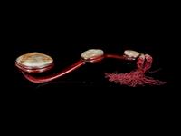 A Chinese Russet and Celadon Jade Inset Hardwood Ruyi Scepter