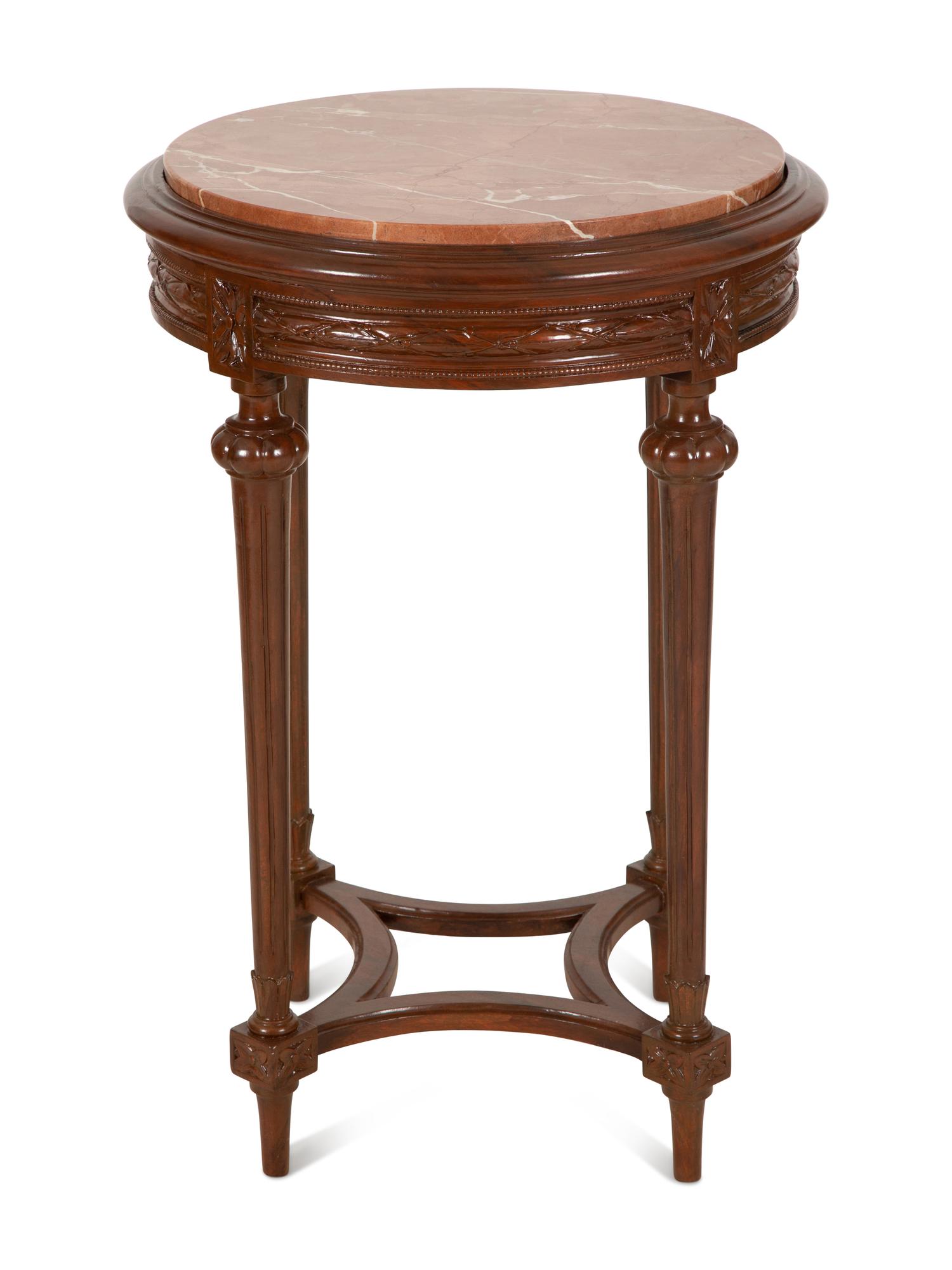 Two Louis XVI Style Carved Walnut Side Tables with Inset Marble Tops