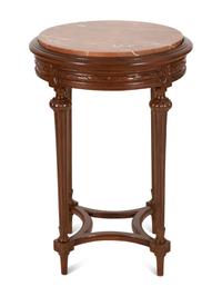Two Louis XVI Style Carved Walnut Side Tables with Inset Marble Tops