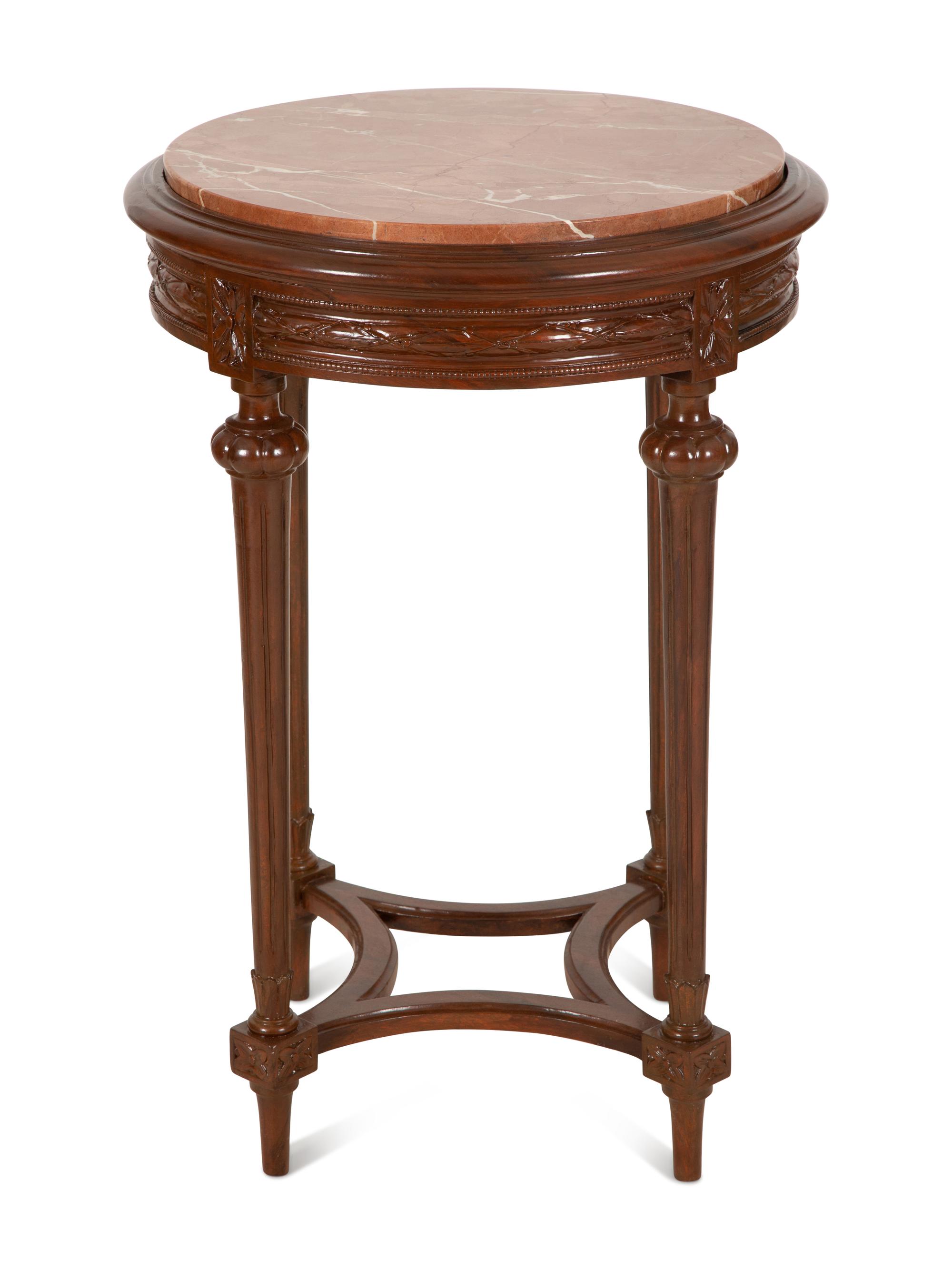 Two Louis XVI Style Carved Walnut Side Tables with Inset Marble Tops