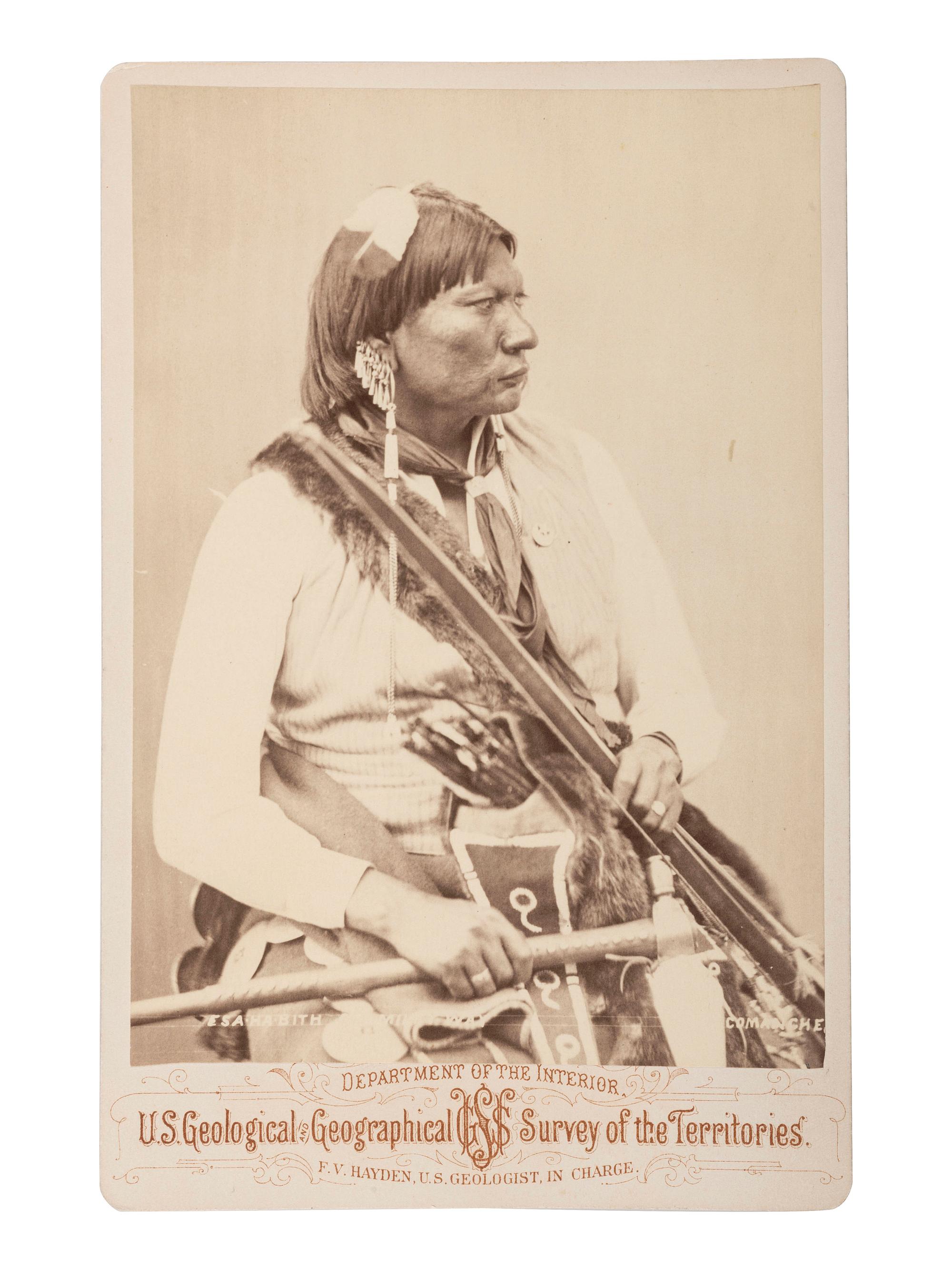 [NATIVE AMERICANS]. [GARDNER, Alexander (1821-1882), photographer]. Esa-Ha-Bith or Milky Way, Comanche. [Washington, DC]: Hayden Geological Survey, 1872.