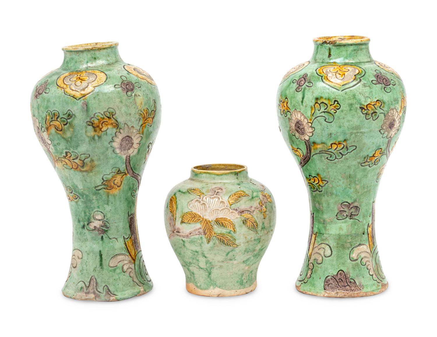 Three Chinese Yellow, Green and Purple Glazed Stoneware Articles