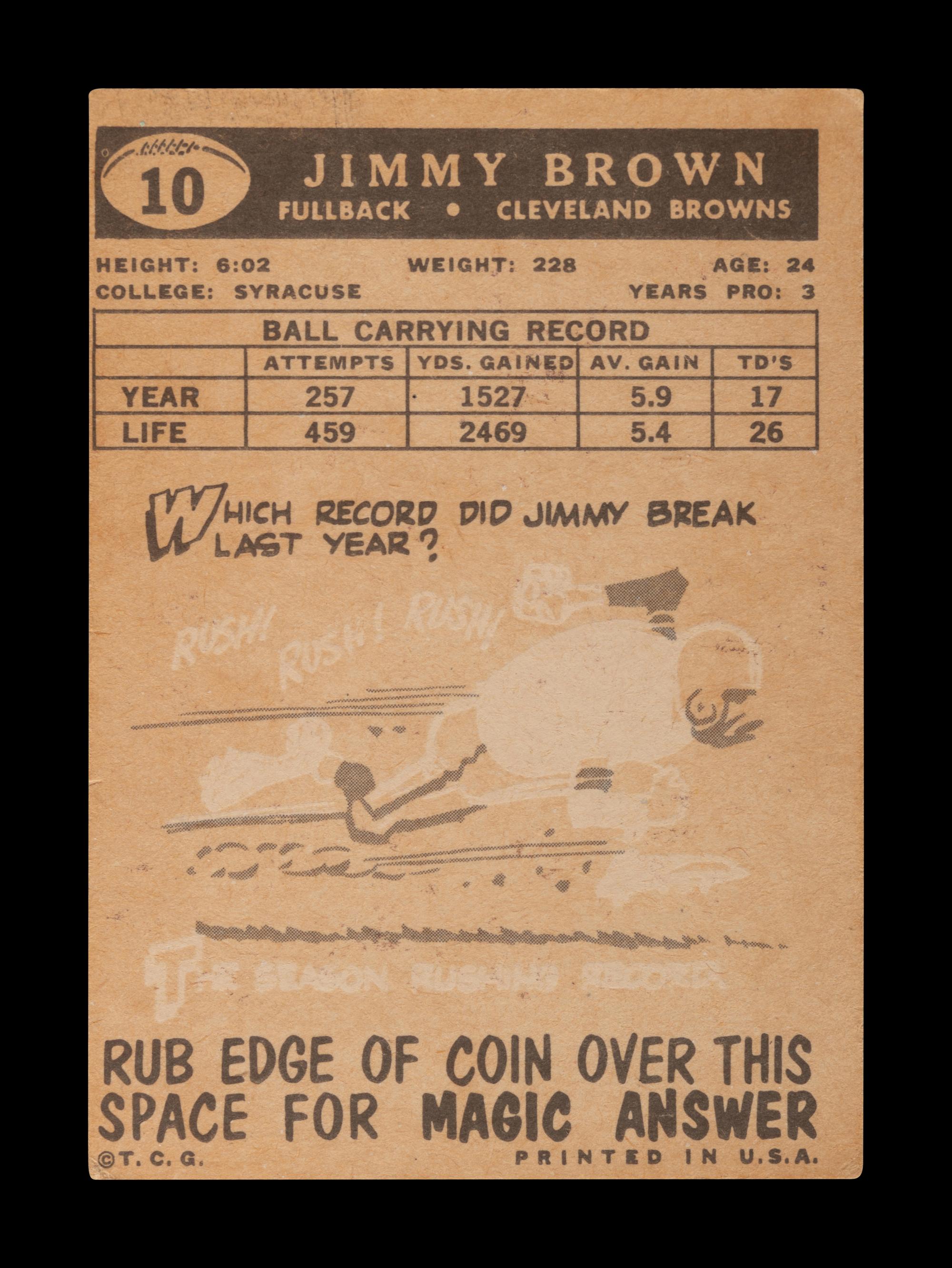 A 1959 Topps Jim Brown Football Card No. 10