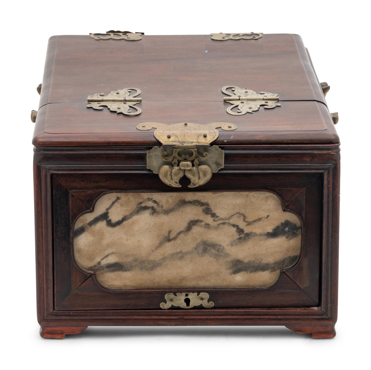 A Small Chinese Metal Mounted Hardwood Mirror Stand
