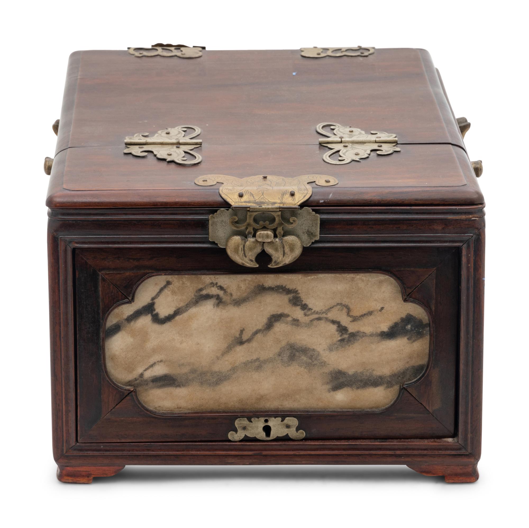 A Small Chinese Metal Mounted Hardwood Mirror Stand