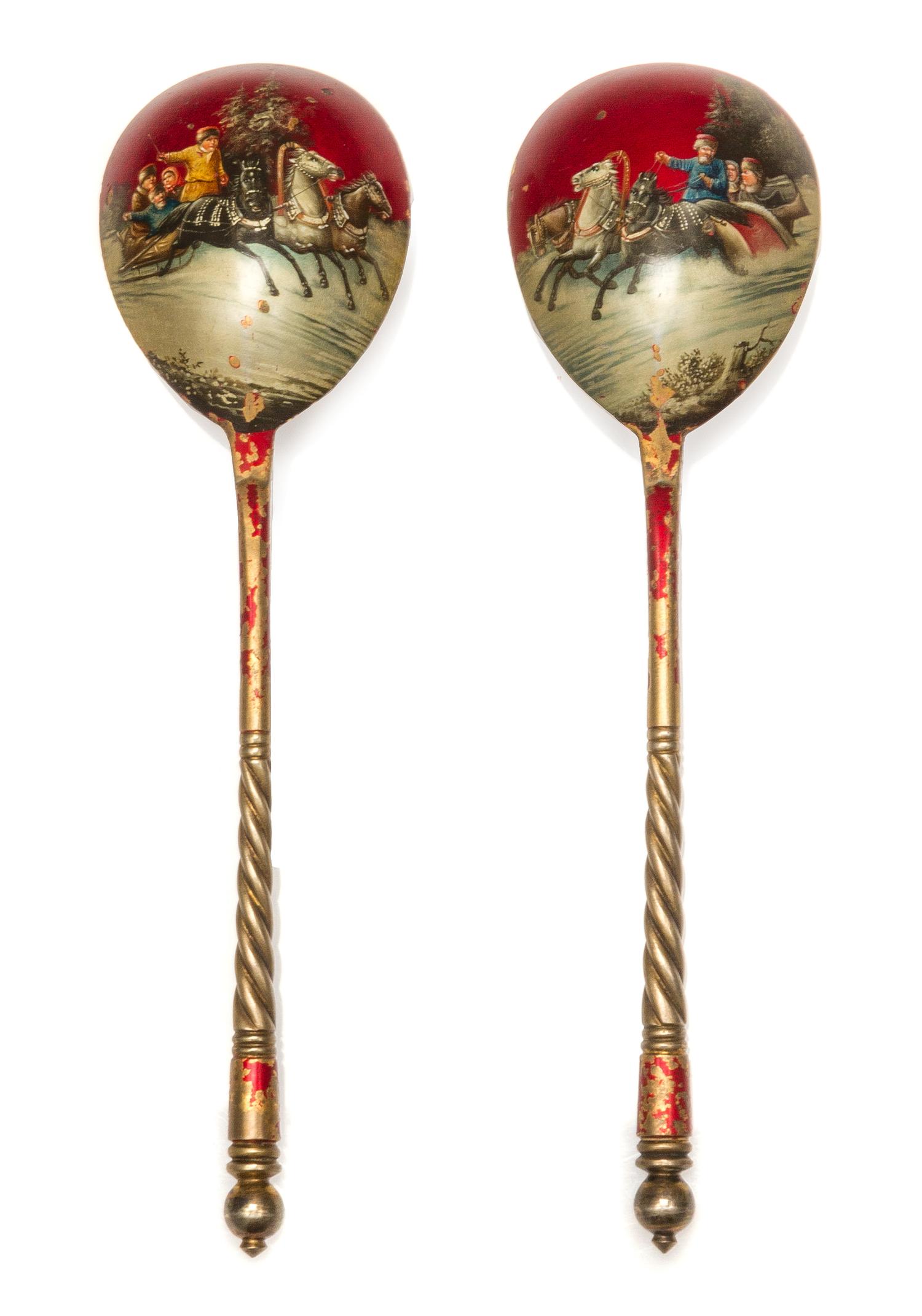 A Pair of Russian Enamel Silver Spoons, Mark of N. Vladimirov, St. Petersburg, Early 20th Century, each having a spherical finial and a