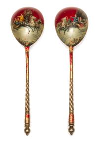 A Pair of Russian Enamel Silver Spoons, Mark of N. Vladimirov, St. Petersburg, Early 20th Century, each having a spherical finial and a