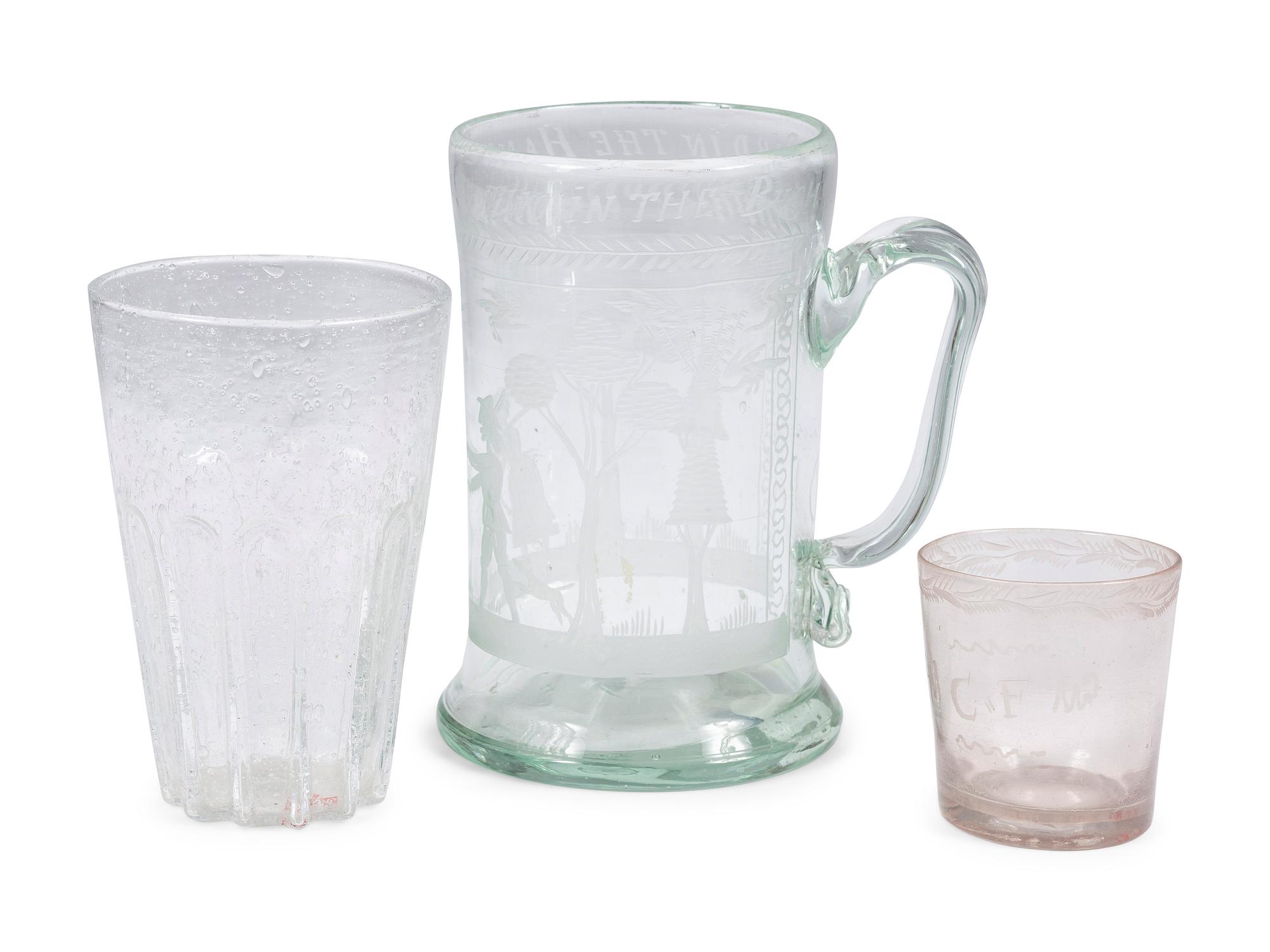 Three Etched and Blown Glass Drinking Vessels