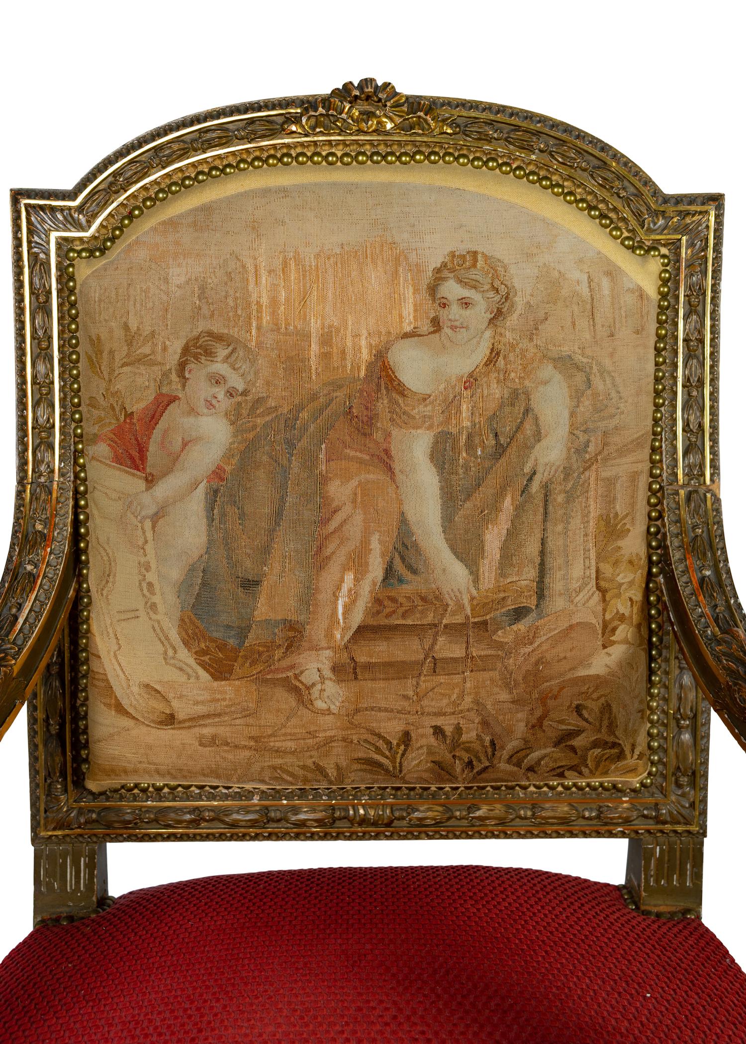 A Pair of Louis XVI Style Giltwood Fauteuils with Tapestry Upholstery