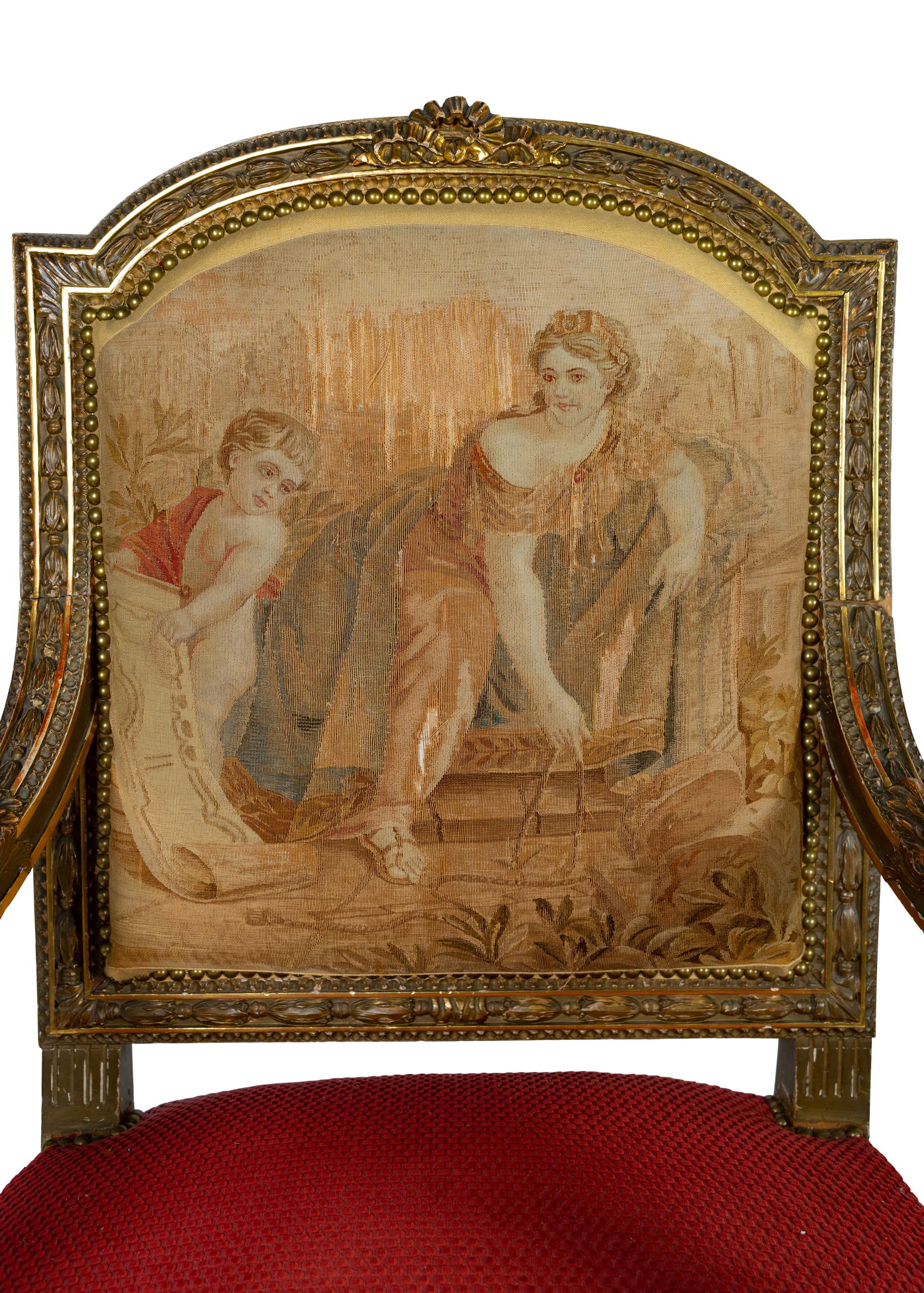 A Pair of Louis XVI Style Giltwood Fauteuils with Tapestry Upholstery