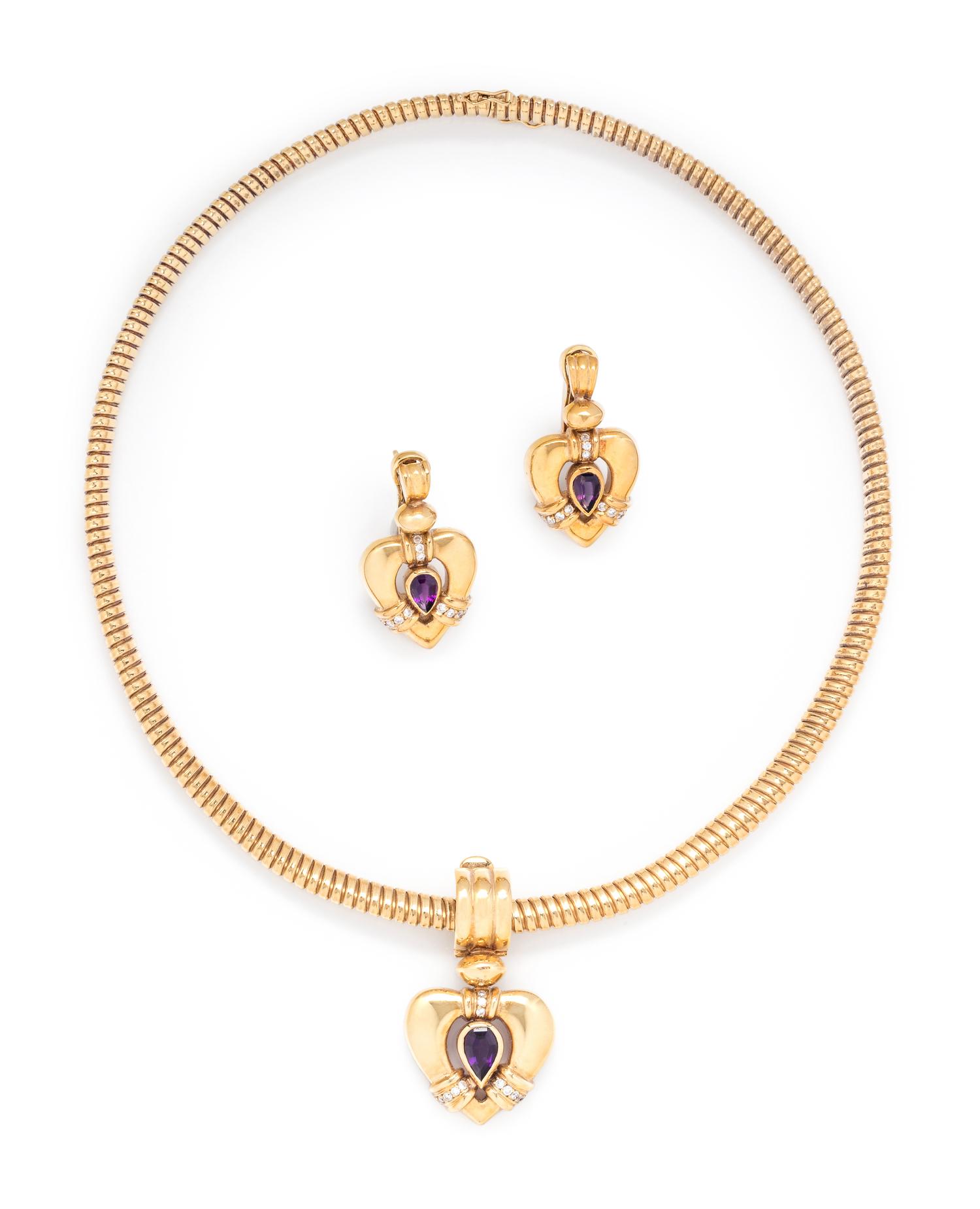YELLOW GOLD, AMETHYST AND DIAMOND SET