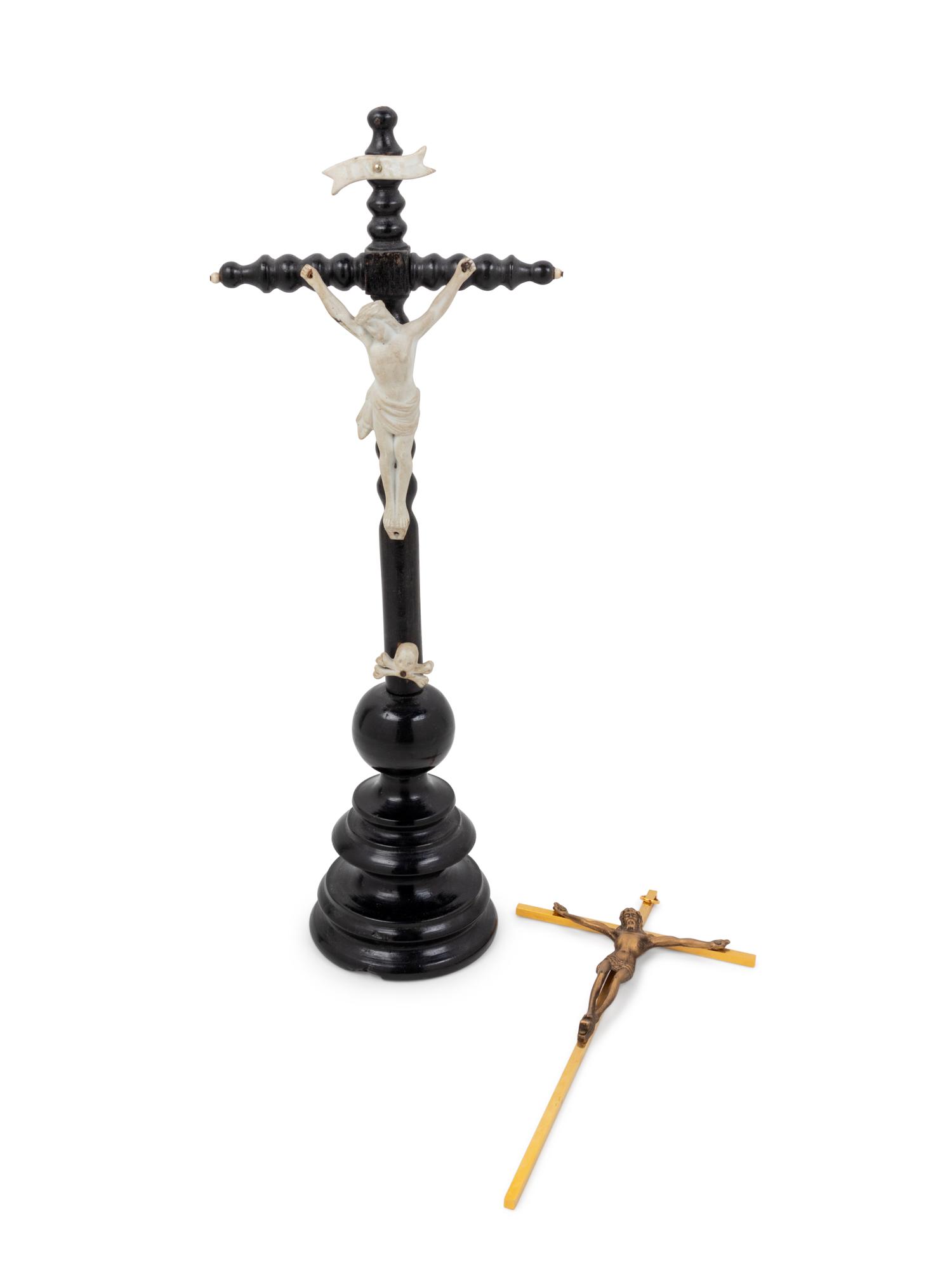 A Continental Bisque Porcelain Mounted Ebonized Crucifix