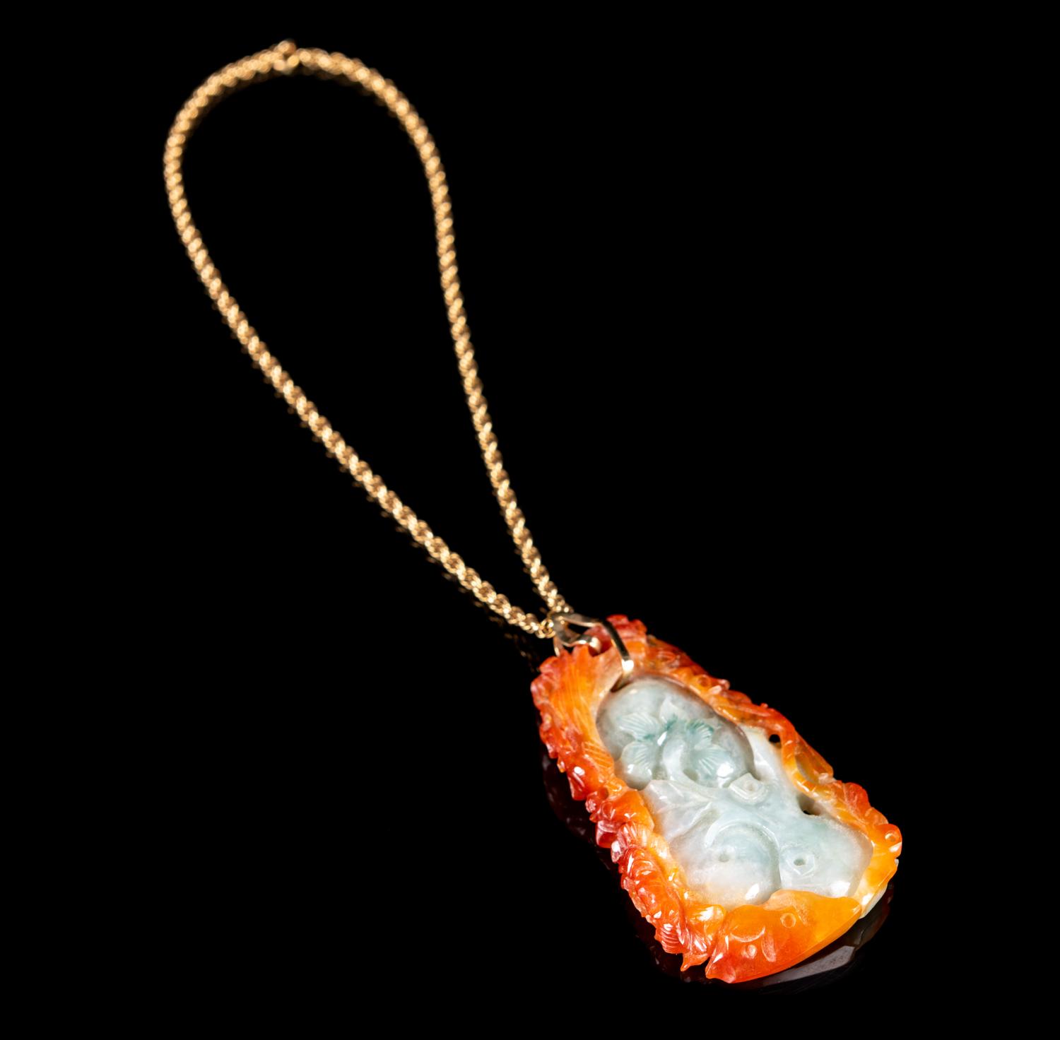 A Chinese 14K Yellow Gold and Jadeite Necklace