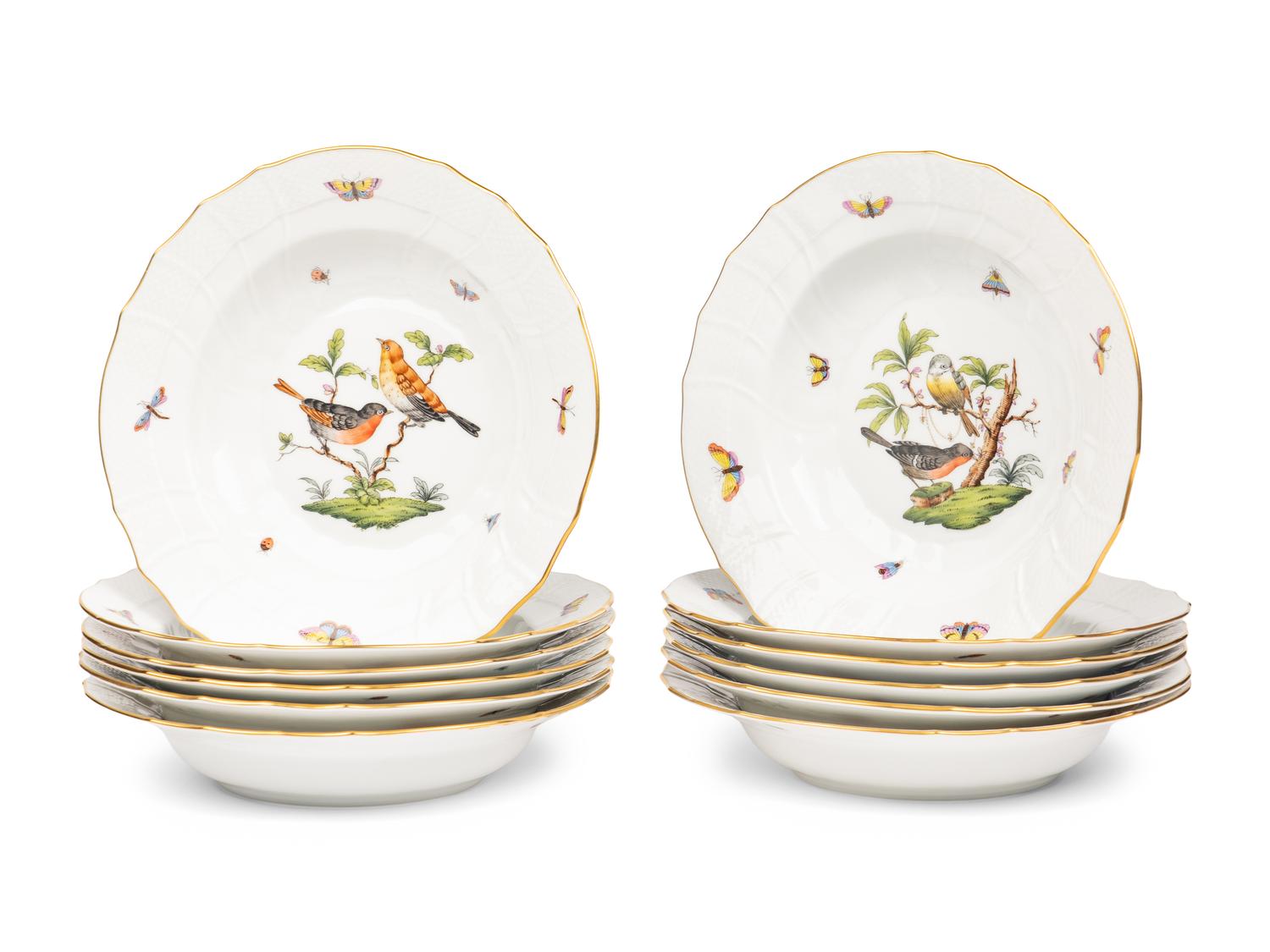 A Set of Twelve Herend Rothschild Bird Porcelain Soup Bowls