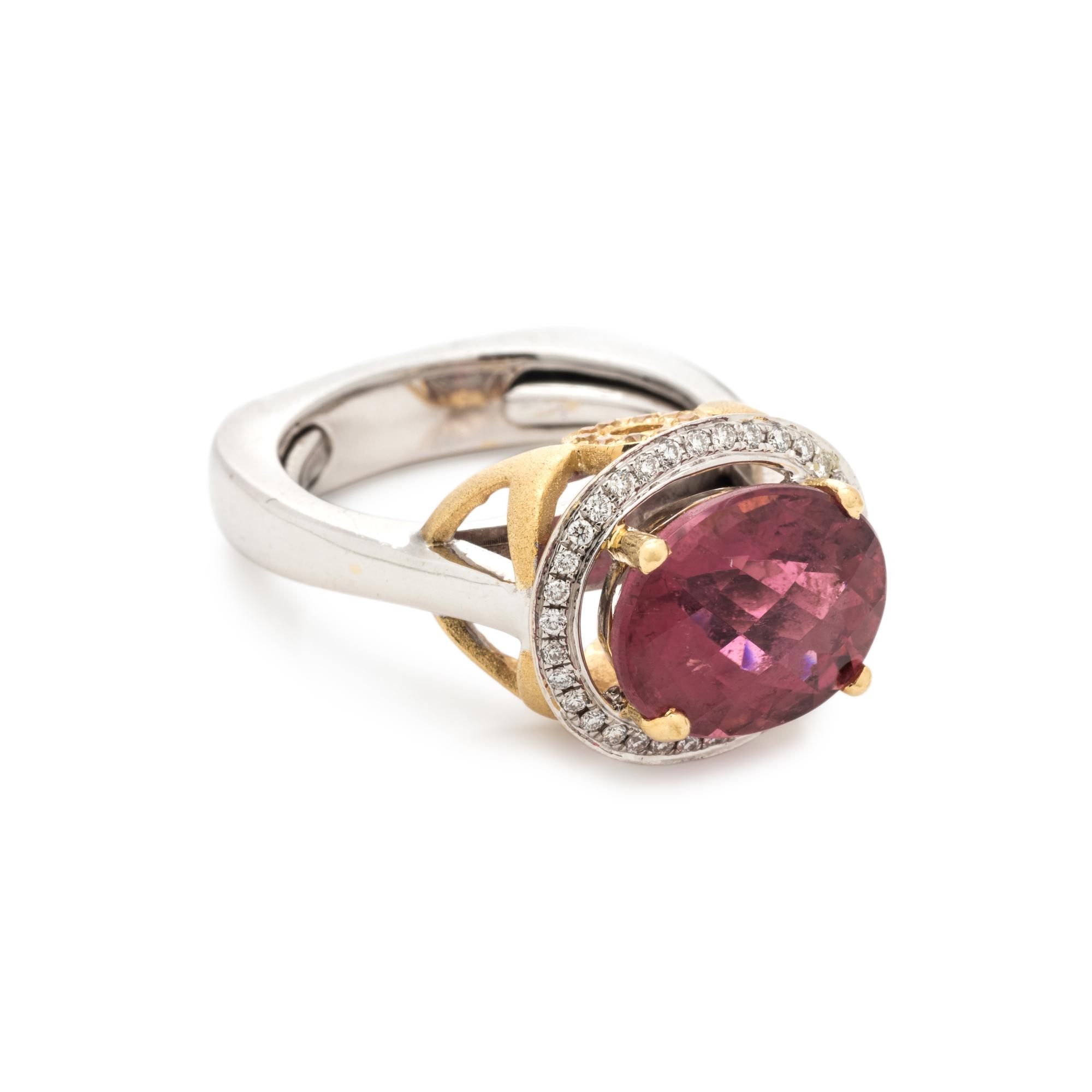 PINK TOURMALINE, DIAMOND AND YELLOW SAPPHIRE RING