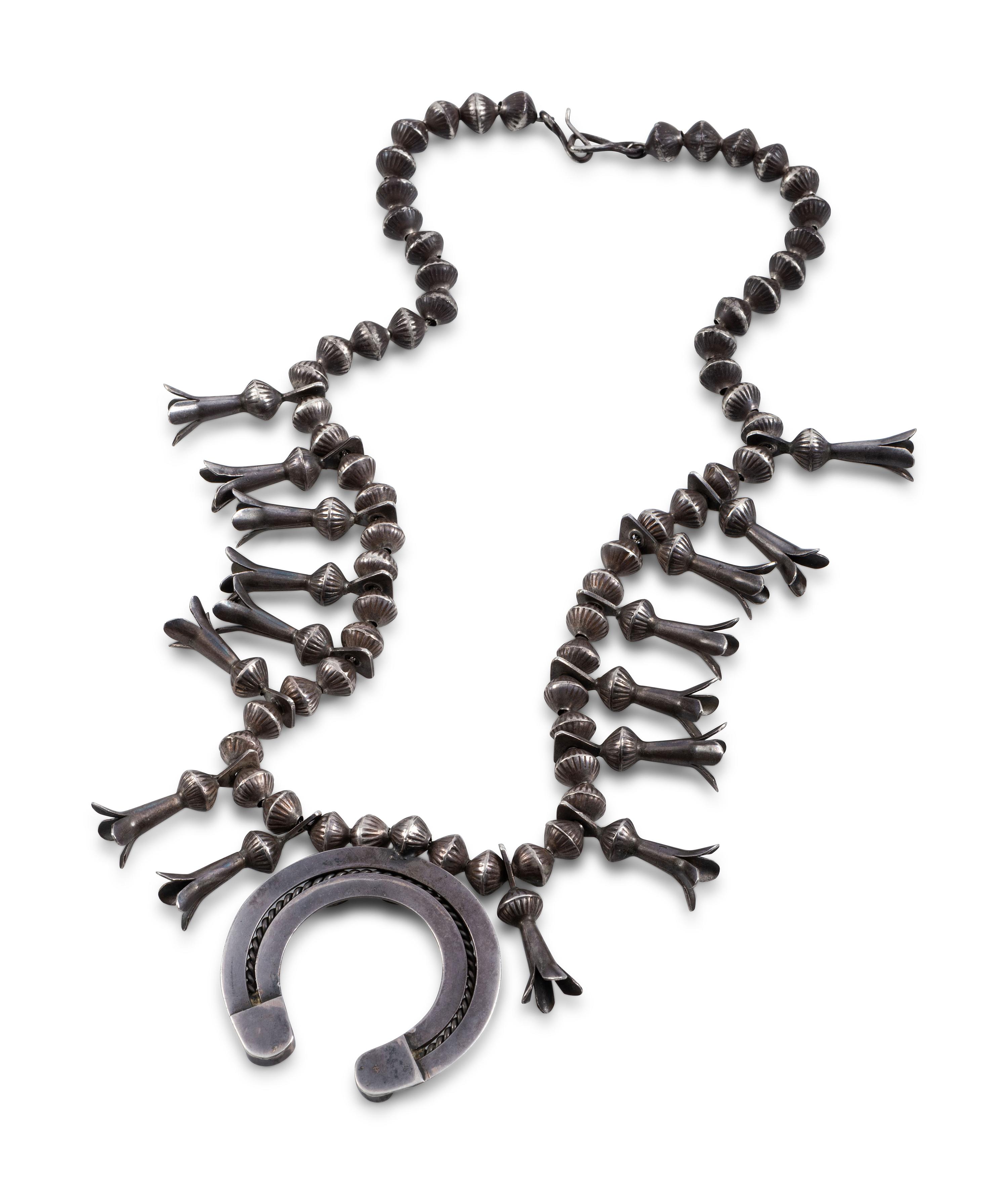 Navajo Silver and Turquoise Squash Blossom Necklace