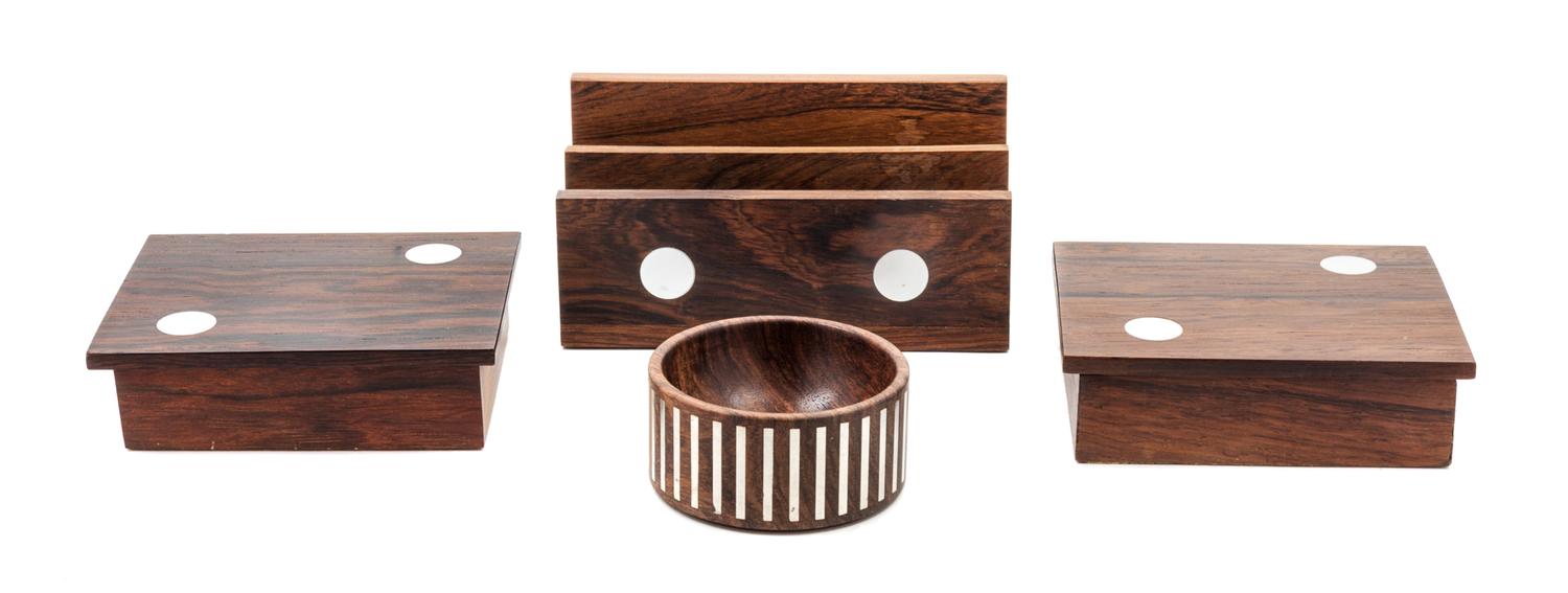 Four Rosewood and Silver Desk Articles, Hans Hansen Width of letter tray 6 1/2 inches.