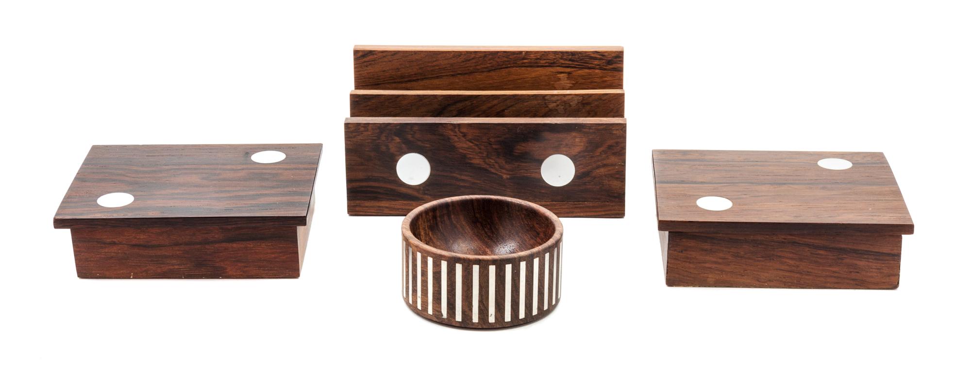 Four Rosewood and Silver Desk Articles, Hans Hansen Width of letter tray 6 1/2 inches.