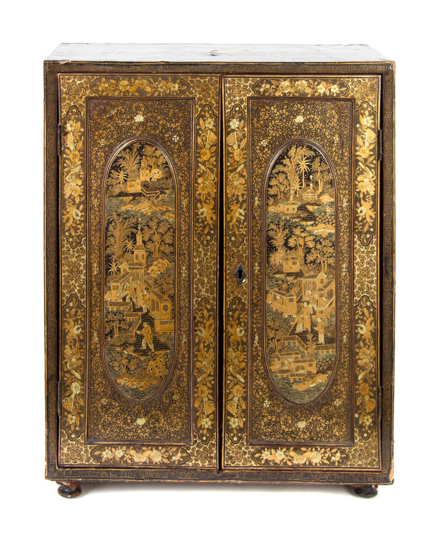 A Chinese Export Lacquered Jewelry Chest Height 18 5/8 x width 14 3/4 x depth 7 3/8 inches. — 19TH CENTURY