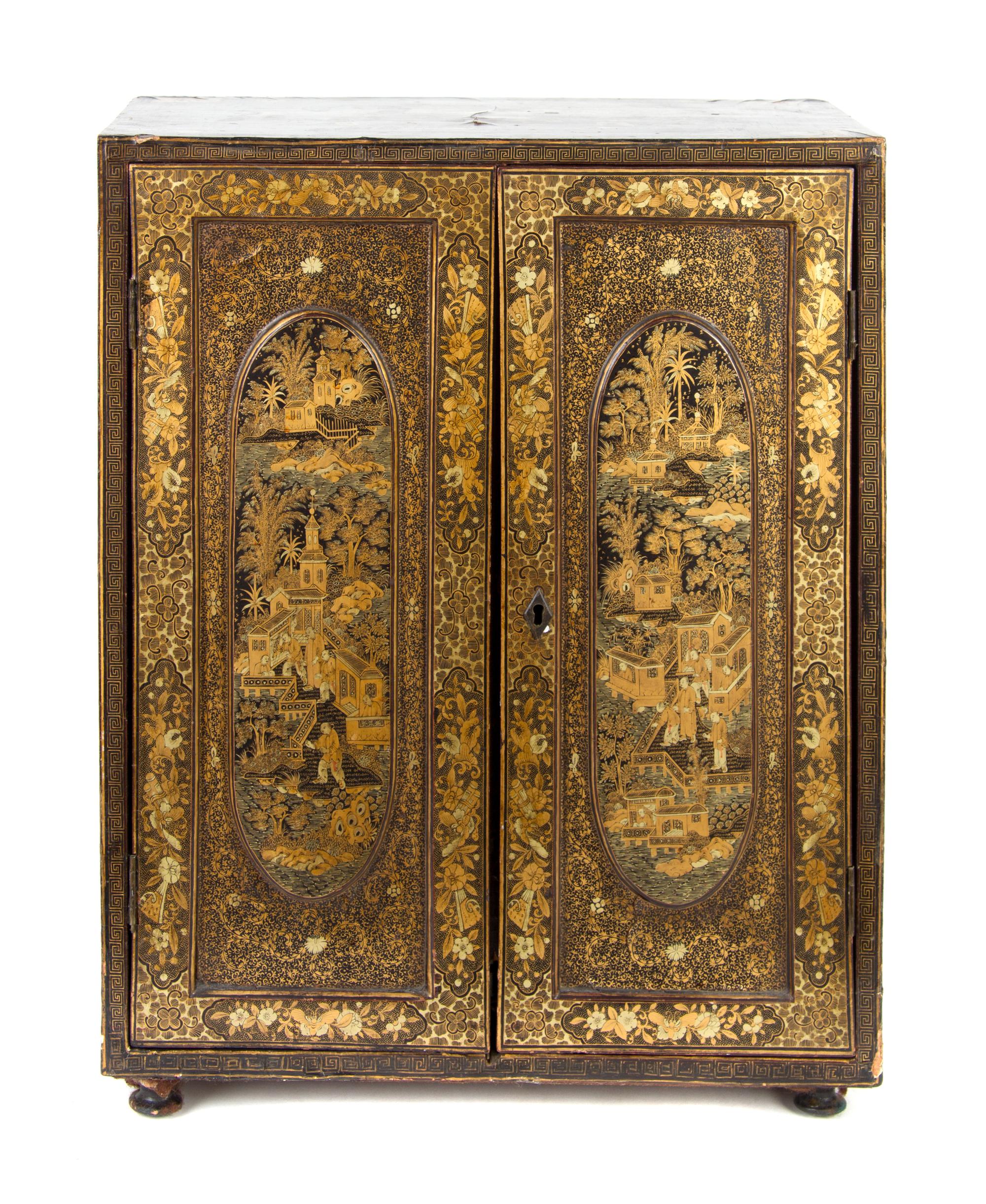 A Chinese Export Lacquered Jewelry Chest Height 18 5/8 x width 14 3/4 x depth 7 3/8 inches. — 19TH CENTURY