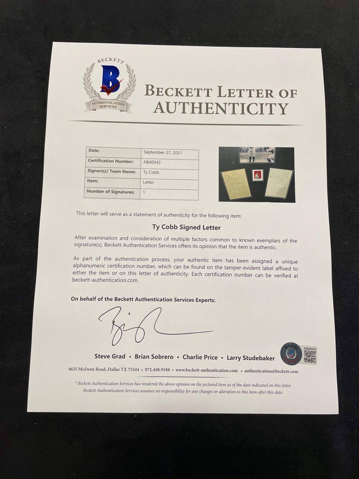 A Ty Cobb Hand Written and Signed Two-Page Letter Dated April 10, 1959 With Apology and Extraordinary Personal Content (BAS Beckett Authentication Services Certified),