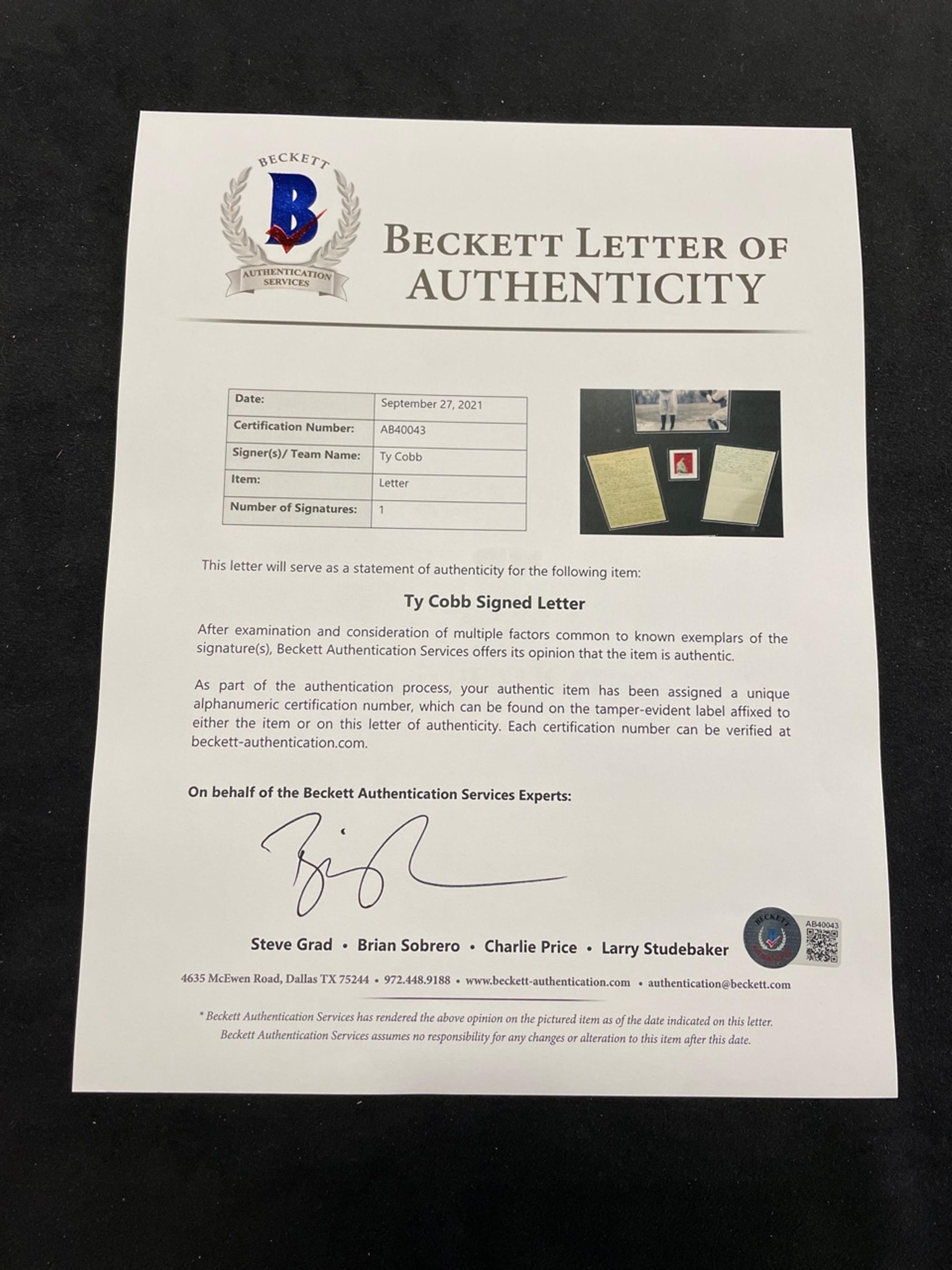 A Ty Cobb Hand Written and Signed Two-Page Letter Dated April 10, 1959 With Apology and Extraordinary Personal Content (BAS Beckett Authentication Services Certified),
