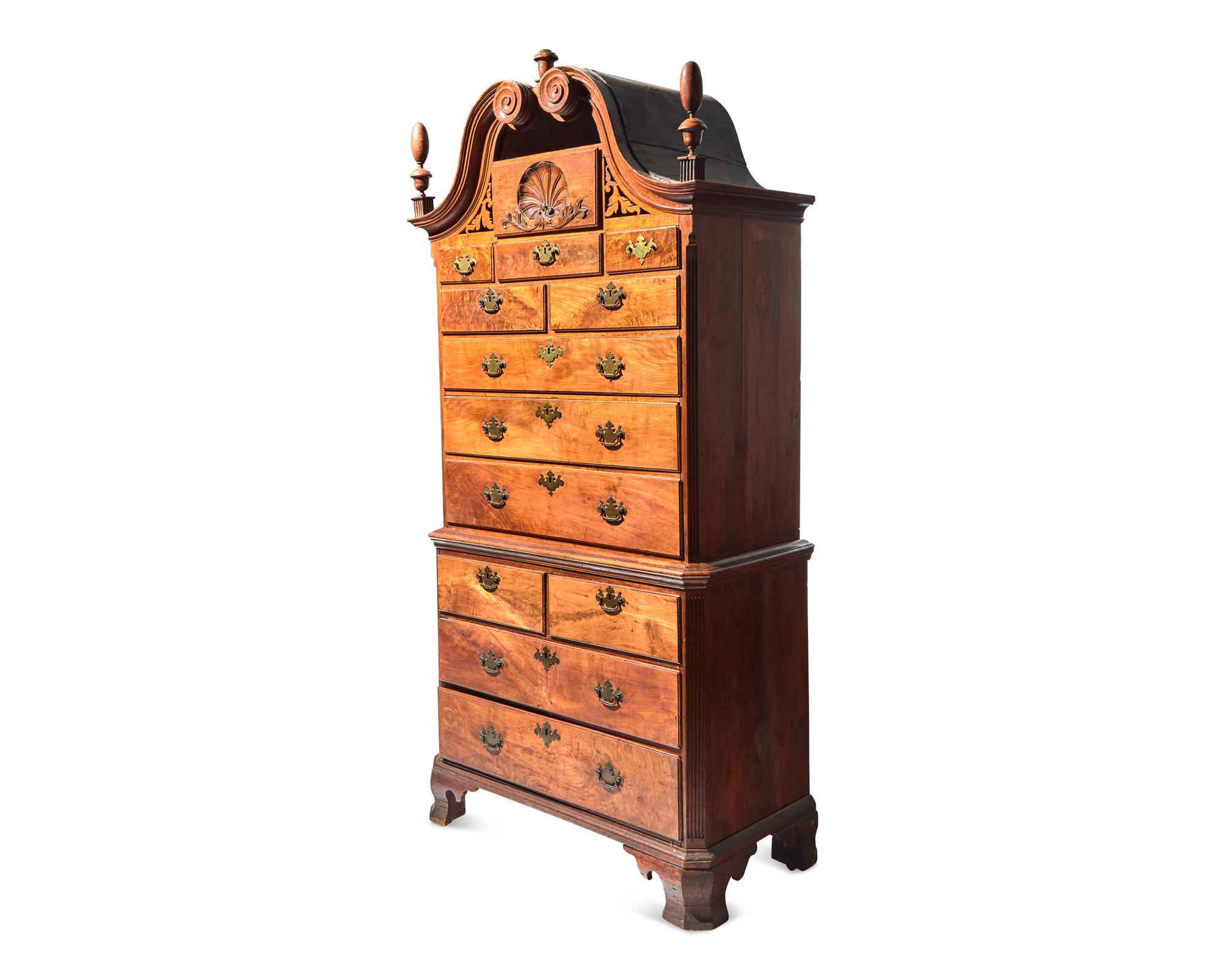 A Rare Chippendale Carved Walnut Chest-on-Chest, Carving Attributed to the Wilkinson-Harding Group, Philadelphia, PA, Circa 1745