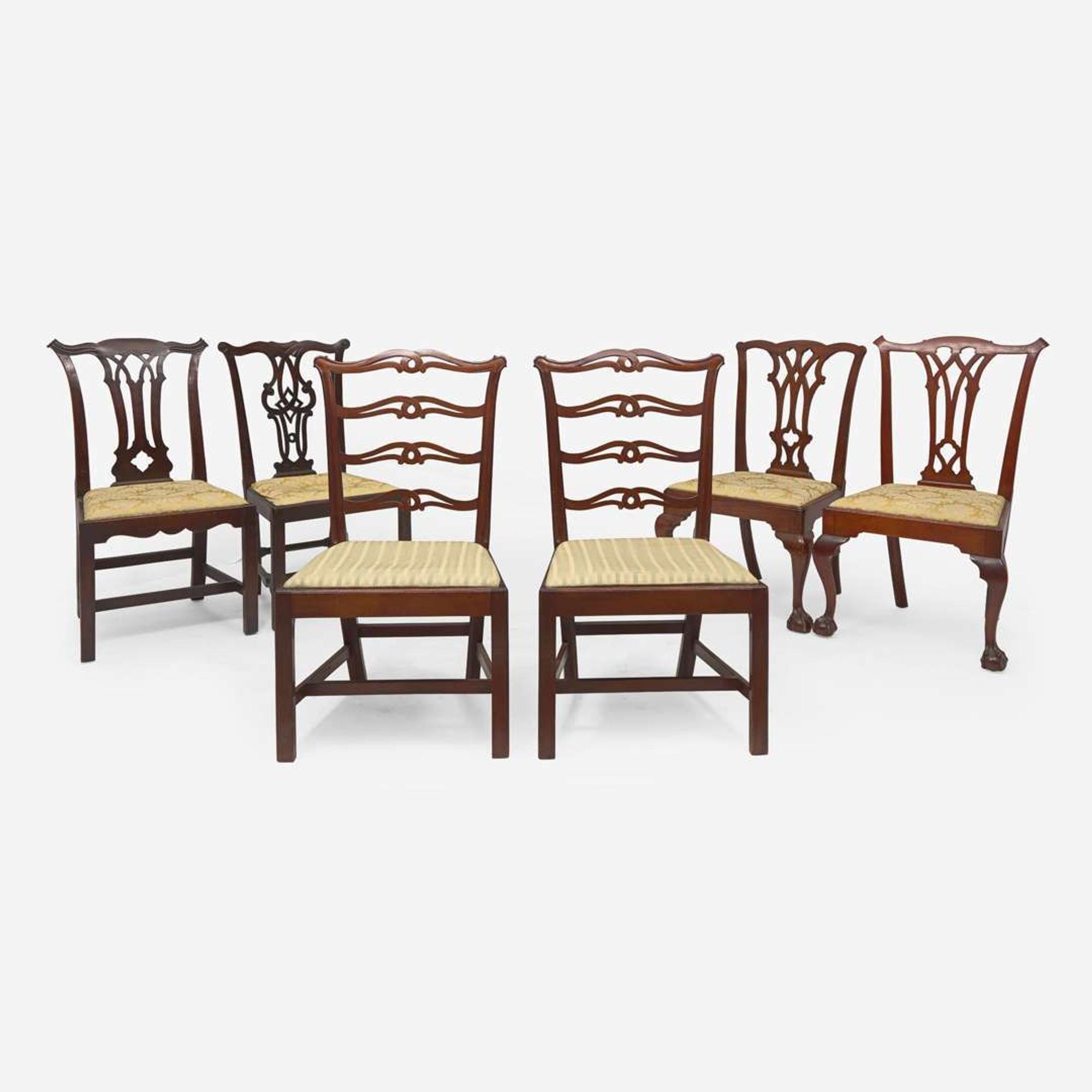 An assembled group of six Chippendale carved mahogany and walnut side chairs Philadelphia, PA, late 18th century